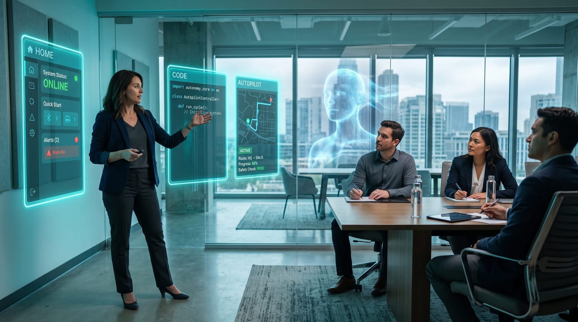 Presenter demonstrating three floating holographic panels labeled Home, Code and Autopilot to colleagues in a cool-lit glass office