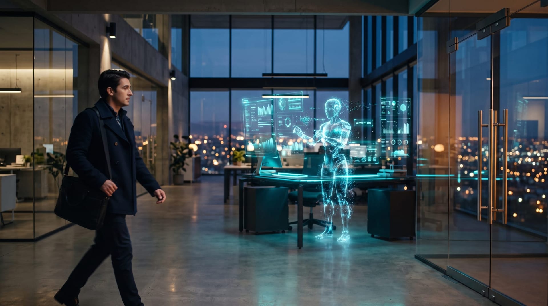 Translucent cyan holographic autonomous AI agent still working at night in an empty office while one professional glances back on the way out