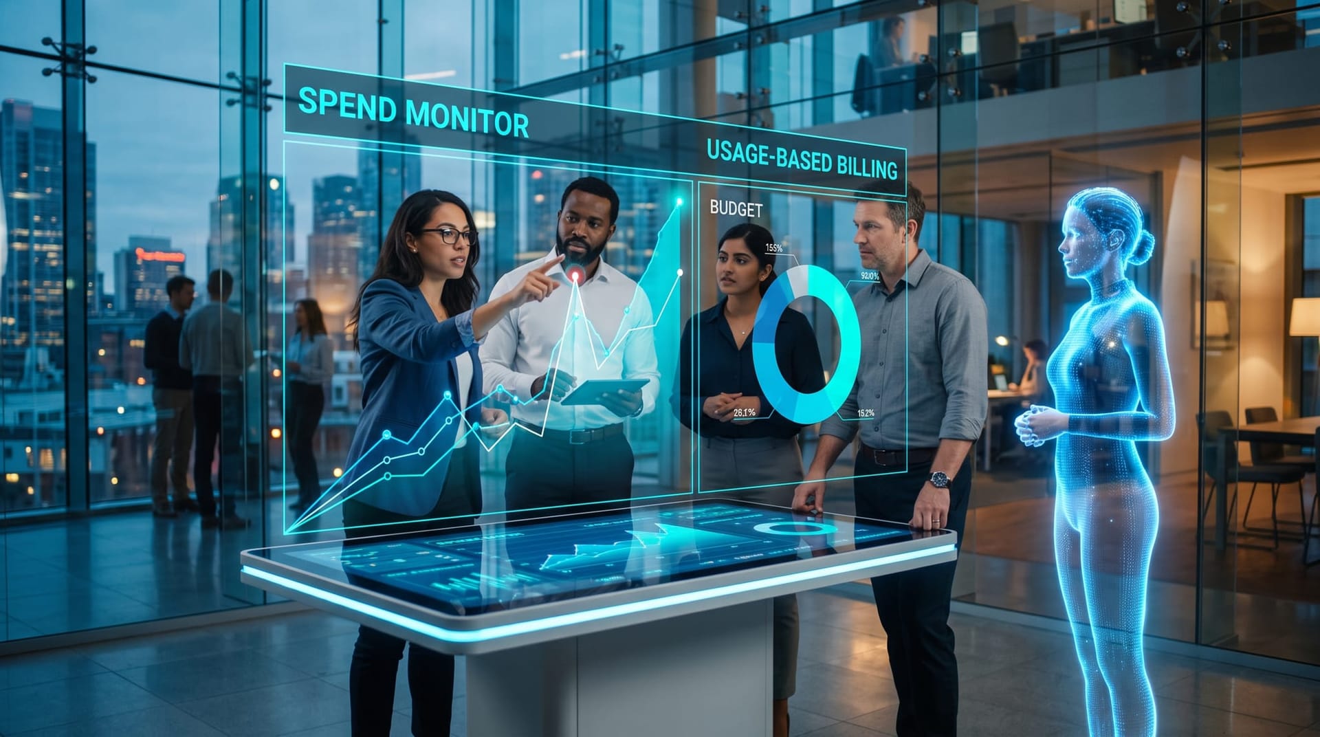 Business team studying a rising usage-based AI billing cost chart on a holographic panel with a spend-cap alert in a glass office