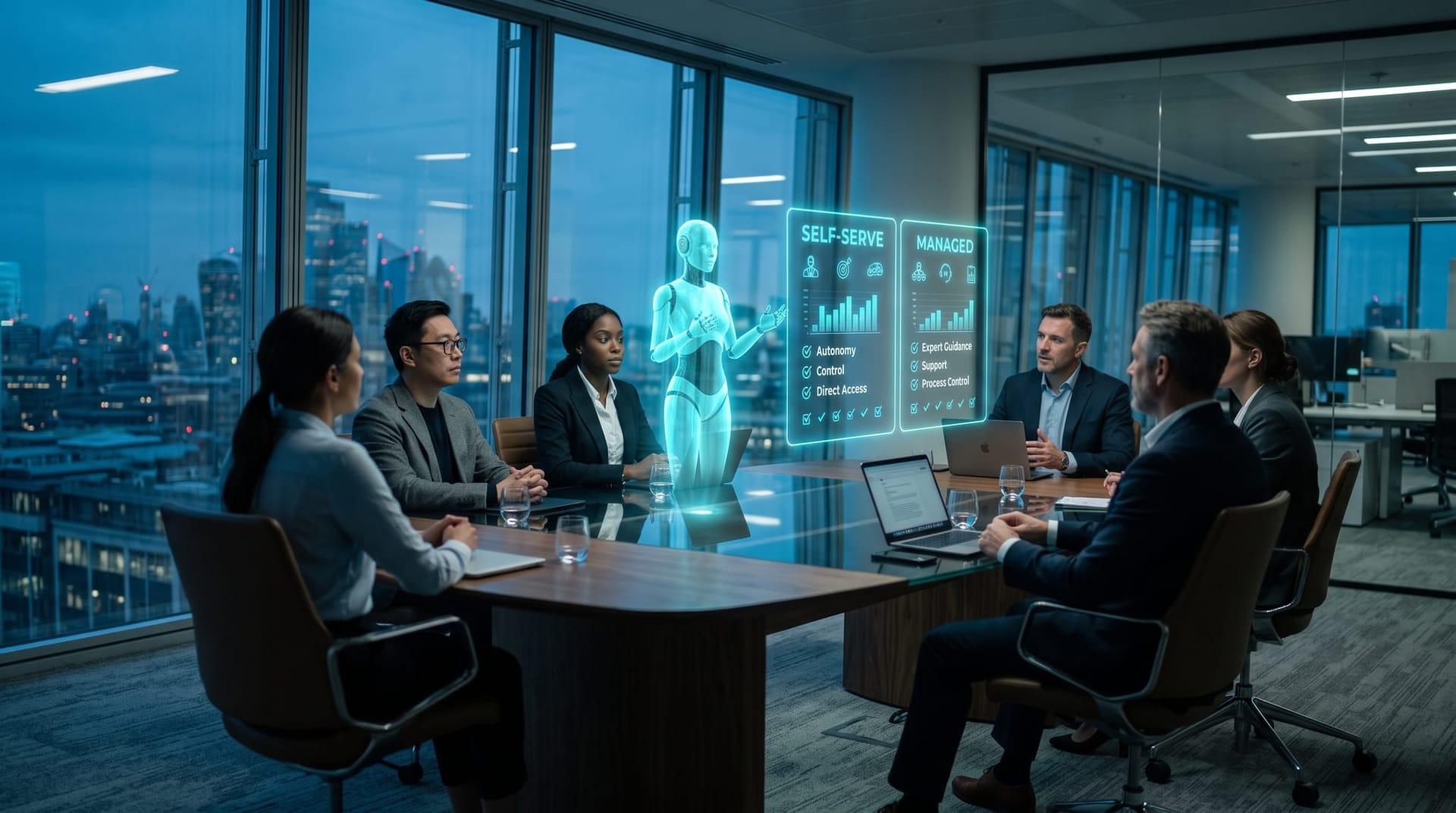 Boardroom team comparing self-serve versus managed AI Employee options on a split holographic decision panel in cool blue light