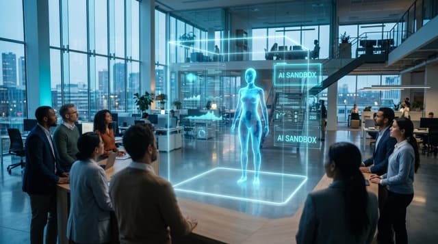 A translucent cyan holographic AI employee stands inside a glowing policy boundary as a business team observes a panel reading AI SANDBOX in a glass office