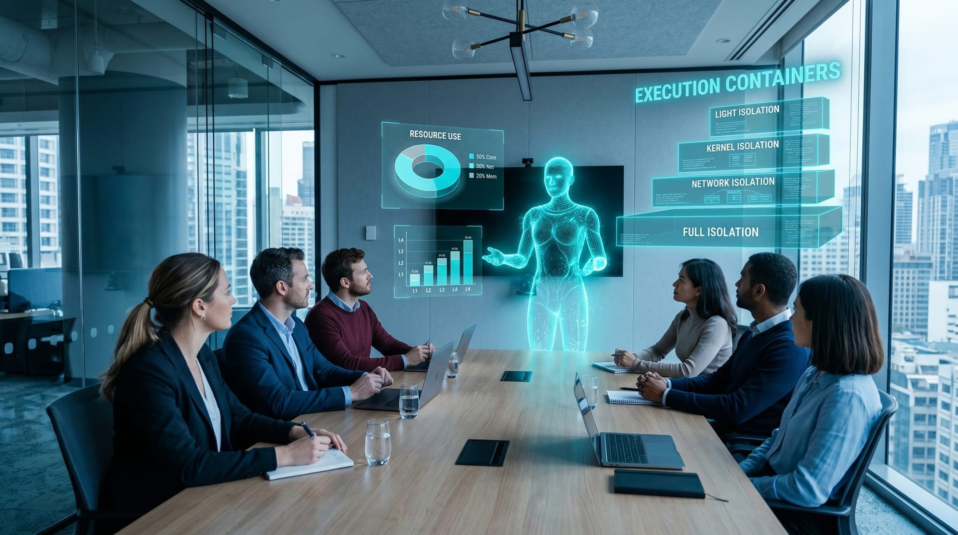 Colleagues around a conference table view floating cyan dashboards showing tiered isolation levels beside a holographic AI figure labeled EXECUTION CONTAINERS
