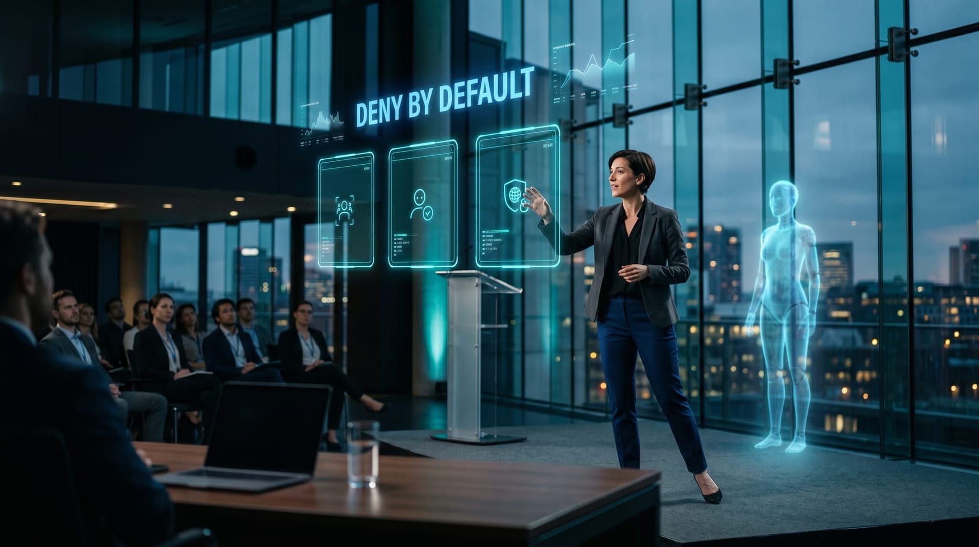 A presenter gestures toward three floating cyan holographic boundary panels representing different AI agent isolation runtimes in a dim modern office at dusk