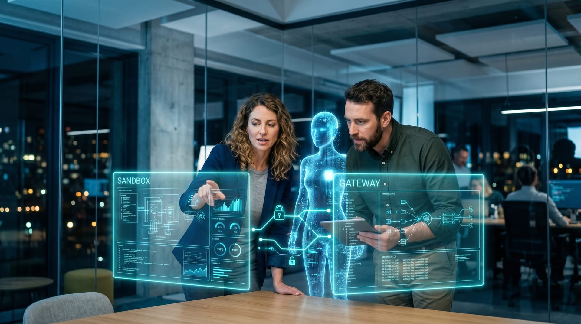 Two side-by-side glowing cyan holographic panels labeled SANDBOX and GATEWAY frame a translucent AI employee as colleagues compare them in a glass office