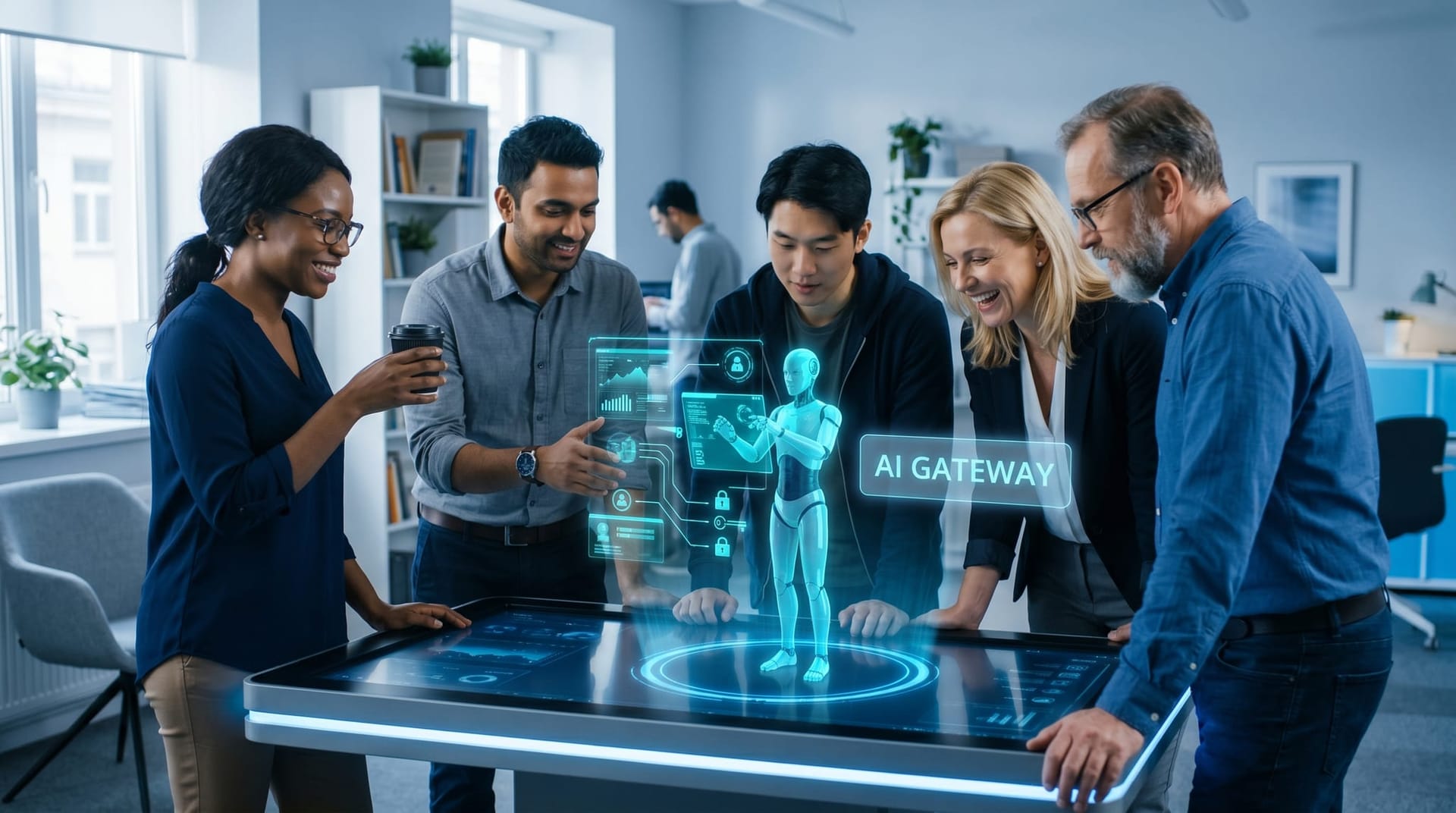 A small business team gathered at an interactive table display watches a translucent cyan AI employee work inside a glowing brokered access boundary labeled AI GATEWAY