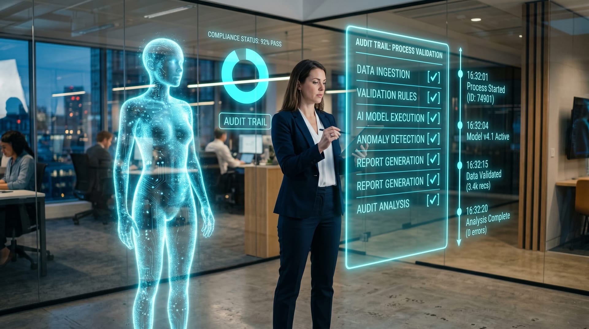 A reviewer studies a floating cyan holographic checklist and audit-trail panel beside a translucent AI employee in a glass-walled office with cool blue lighting