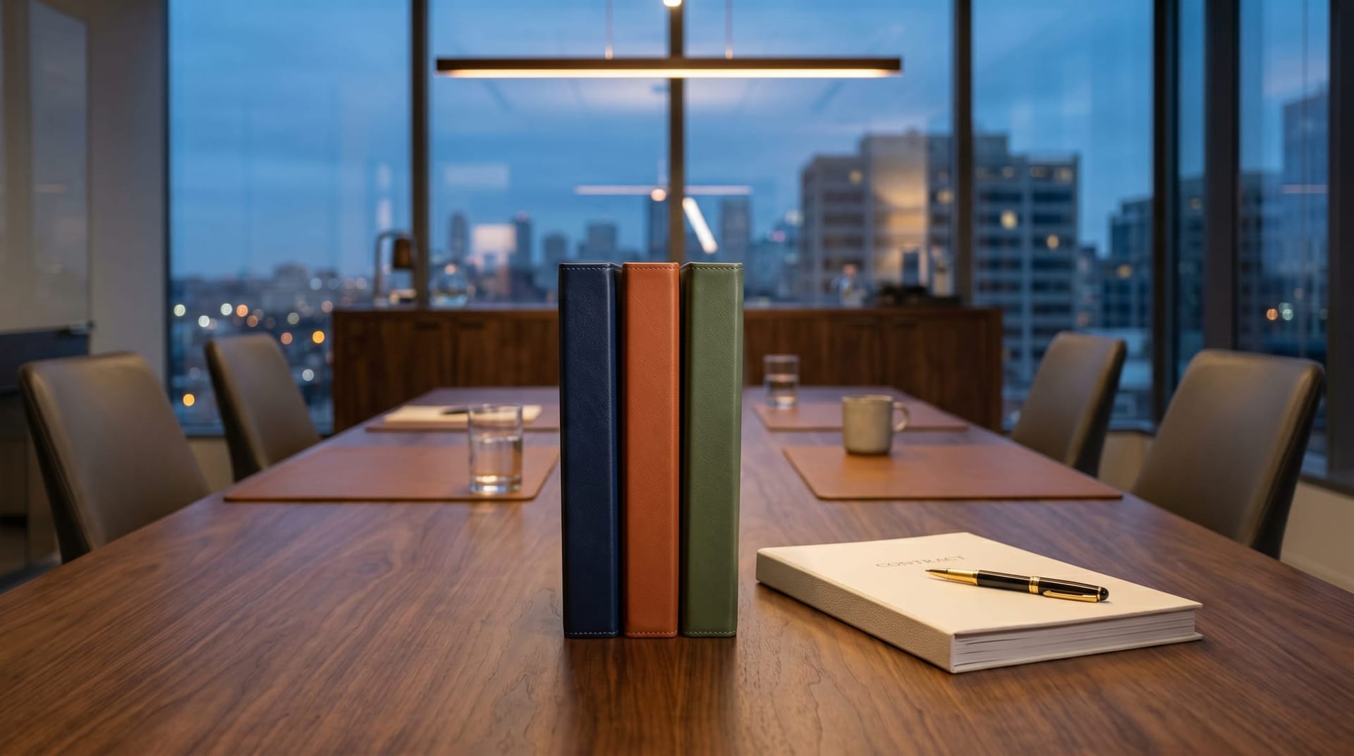 Mid-market boardroom desk at dusk with three folder spines representing Microsoft Azure AWS and Google Cloud beside a procurement contract under warm pendant lighting