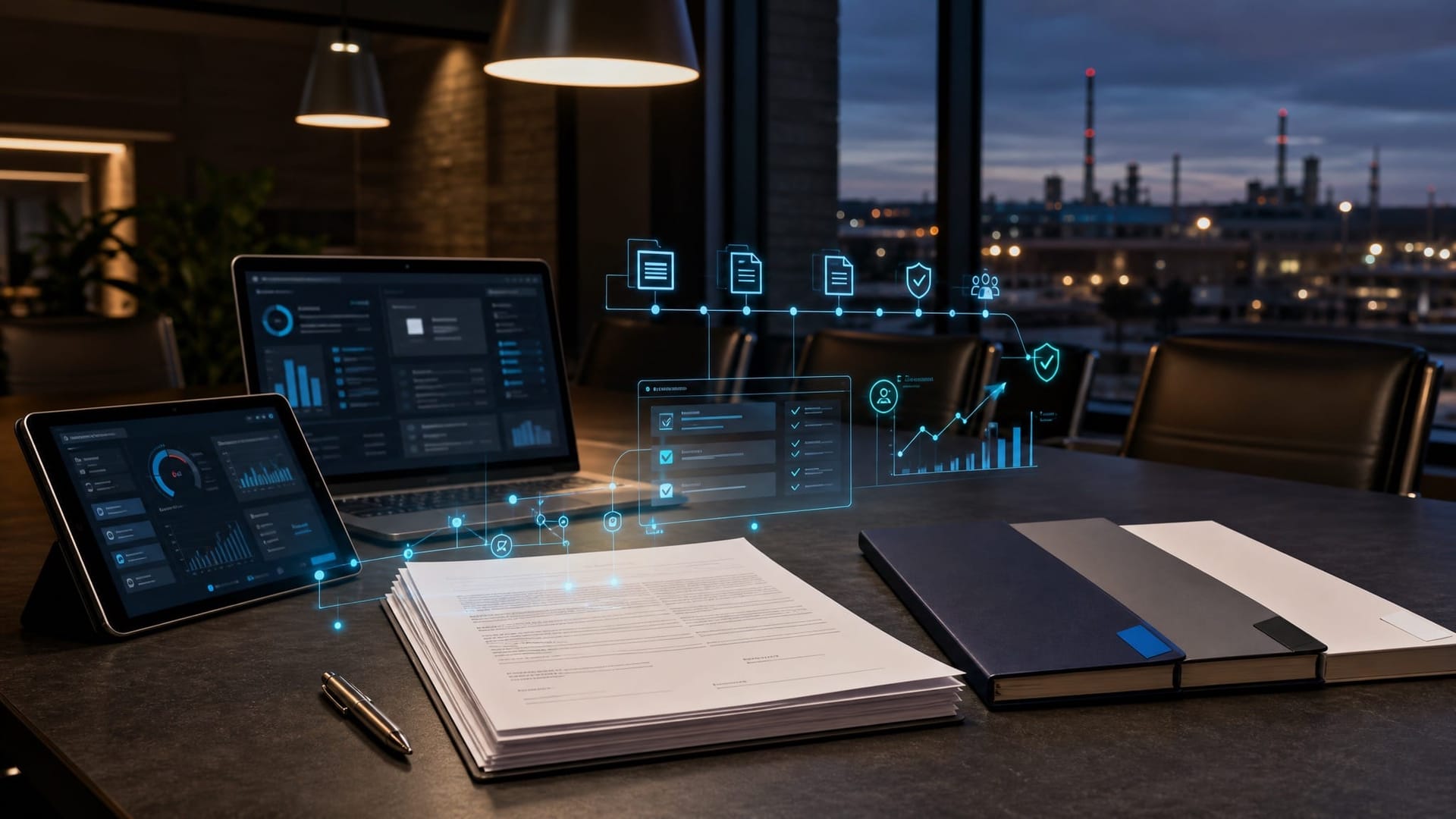 Mid-market boardroom desk at dusk with three folder spines representing Microsoft Azure AWS and Google Cloud beside a procurement contract under warm pendant lighting