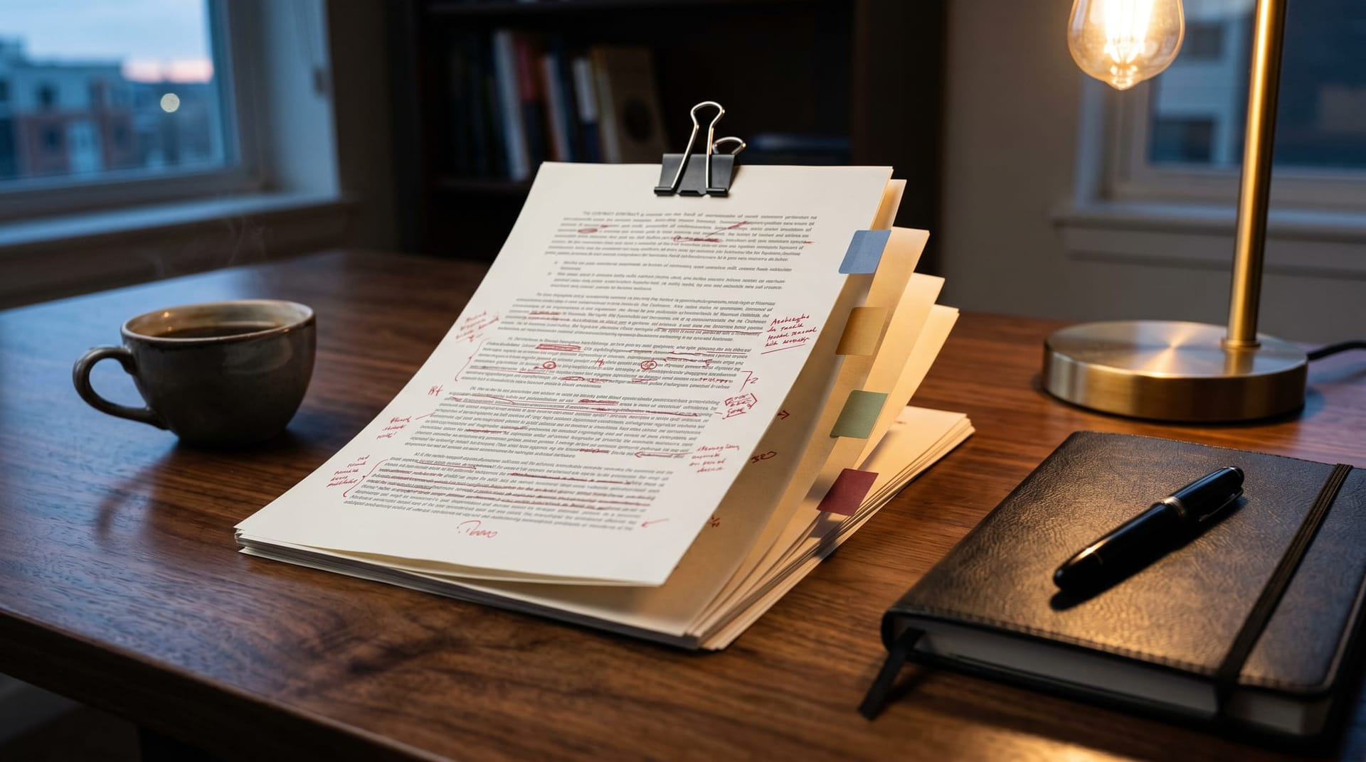Conceptual still life of a contract document with redlined sections and four sticky tabs representing the four substitutions in the Microsoft OpenAI deal restructure