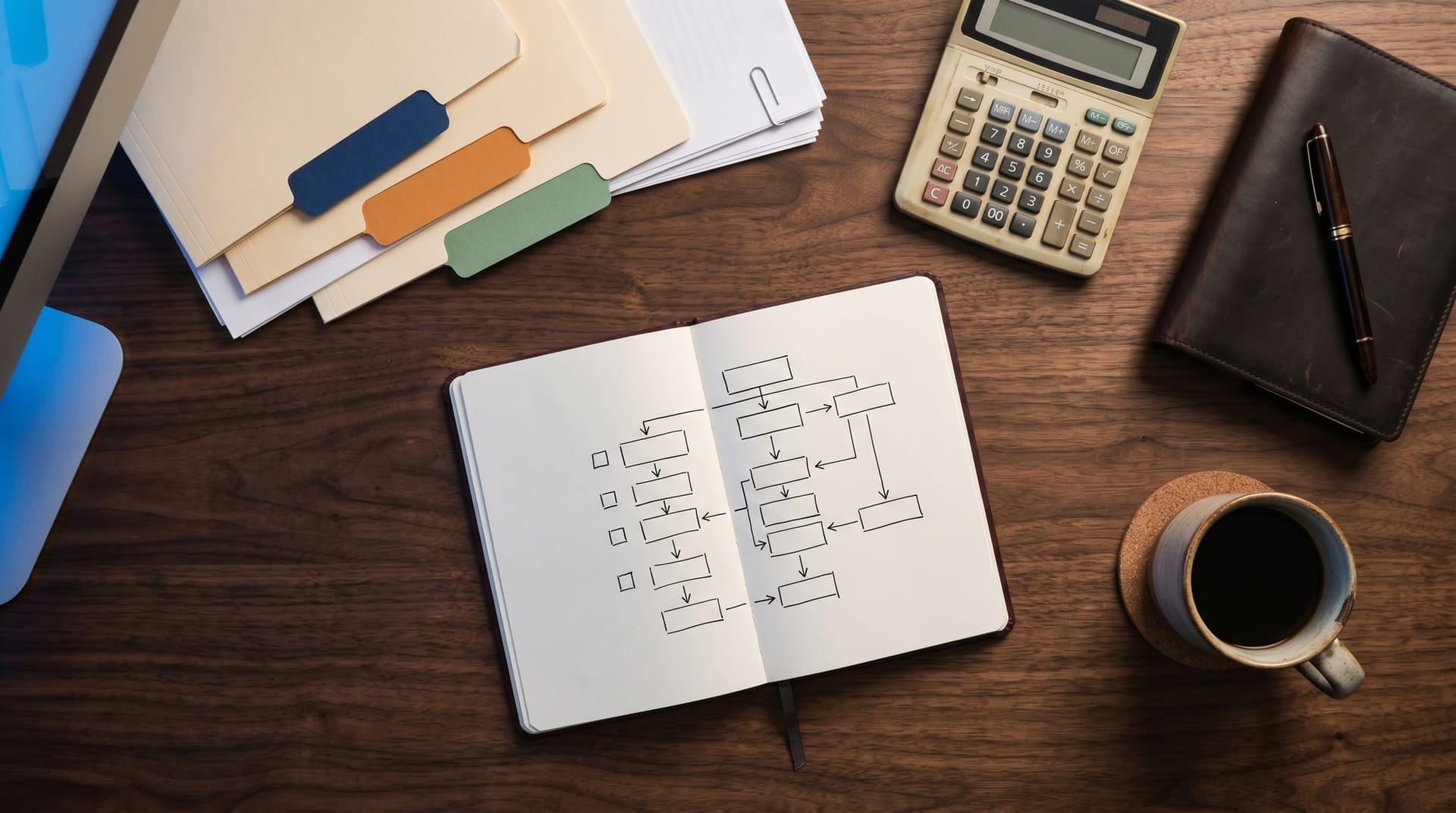 Overhead view of a procurement audit desk with three labeled folder spines a workload checklist a calculator and a pen representing mid-market multi-cloud AI procurement