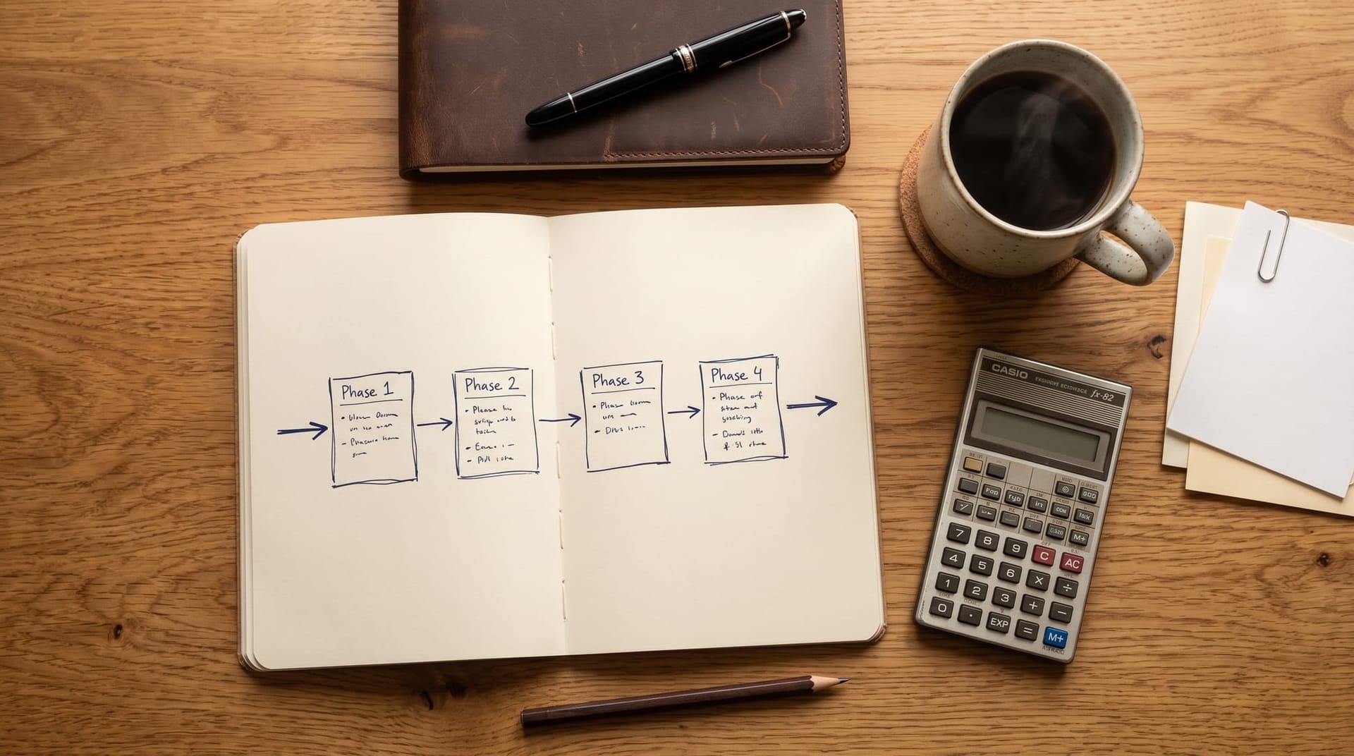 Notebook with a 90 day procurement timeline showing four sequential phases on a wood desk beside a calculator pen and coffee mug for the multi-cloud AI buyer plan