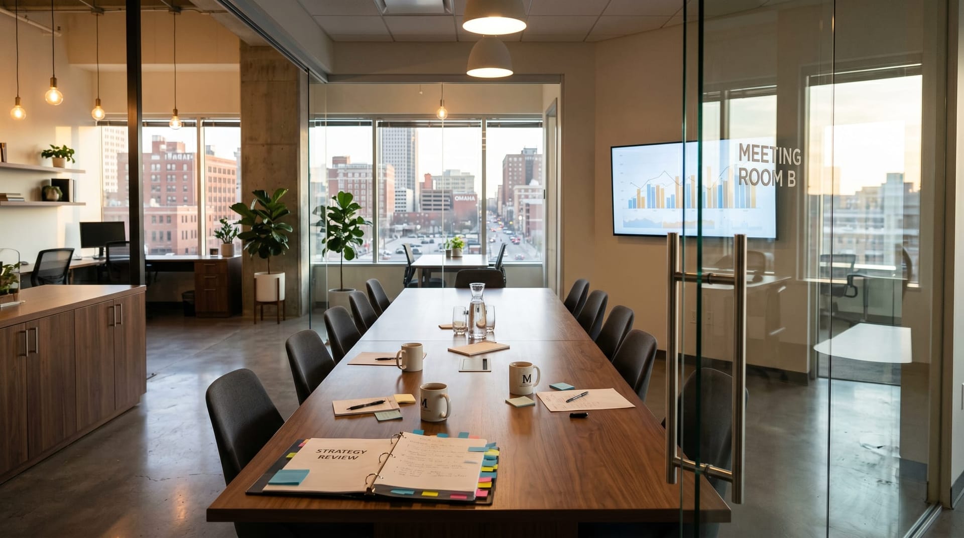 Indianapolis professional services office at end of day with empty conference room visible through glass walls and a wall display showing an abstract budget review