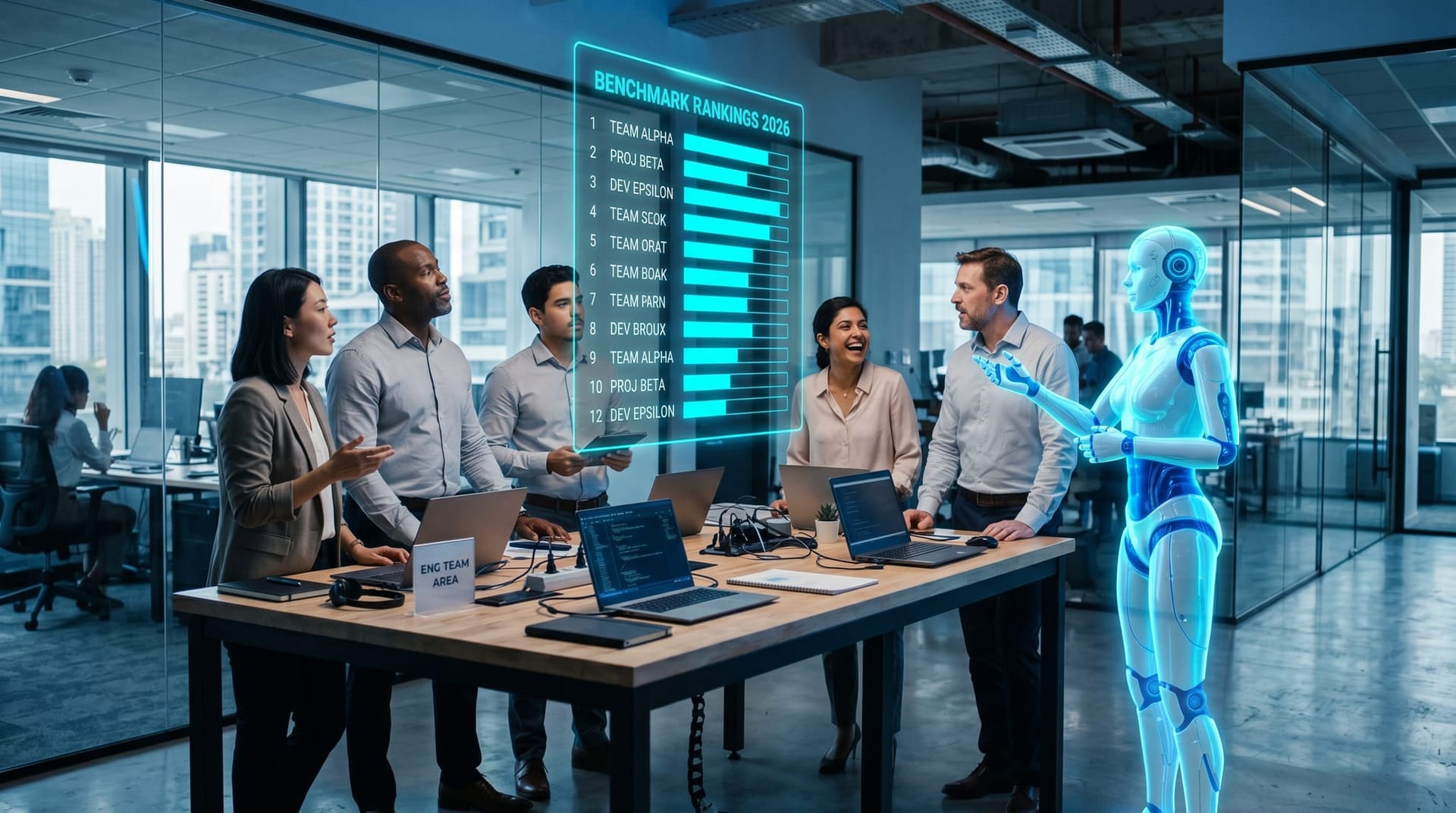 A diverse mid-market engineering team at a modern open office reviewing a floating cyan holographic benchmark leaderboard with a translucent AI Employee avatar standing among them.