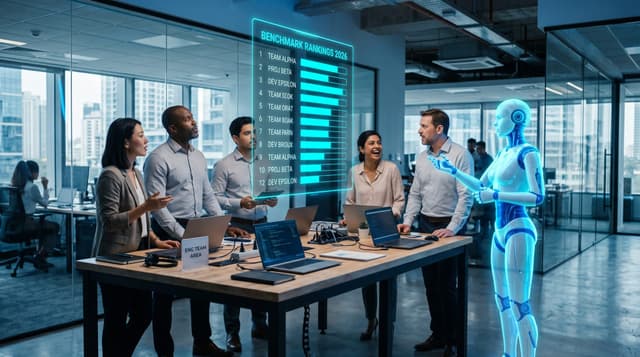 A diverse mid-market engineering team at a modern open office reviewing a floating cyan holographic benchmark leaderboard with a translucent AI Employee avatar standing among them.