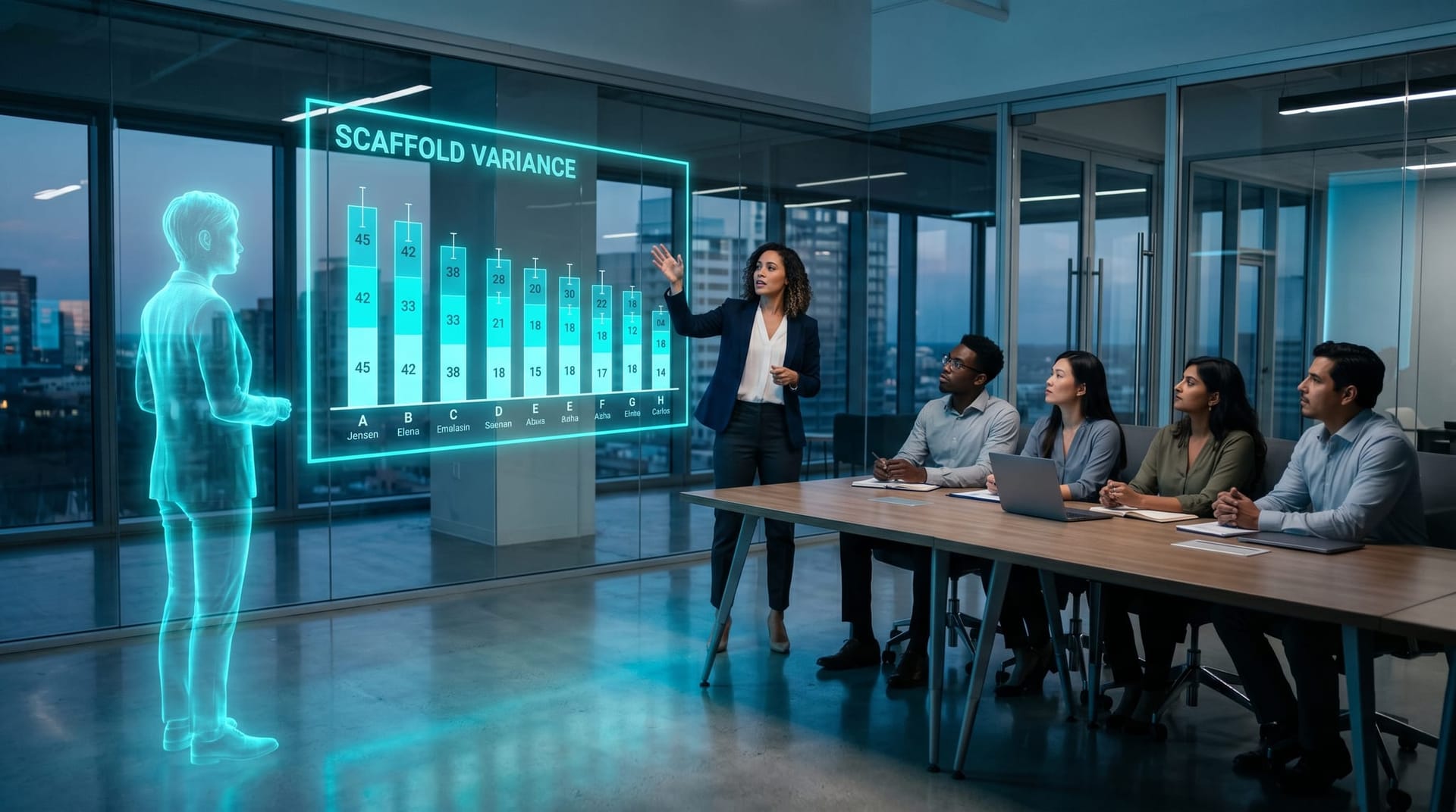 A presenter beside a large floating cyan holographic chart showing a benchmark leaderboard with caveat callouts and harness-variance bars in a glass-walled conference room.