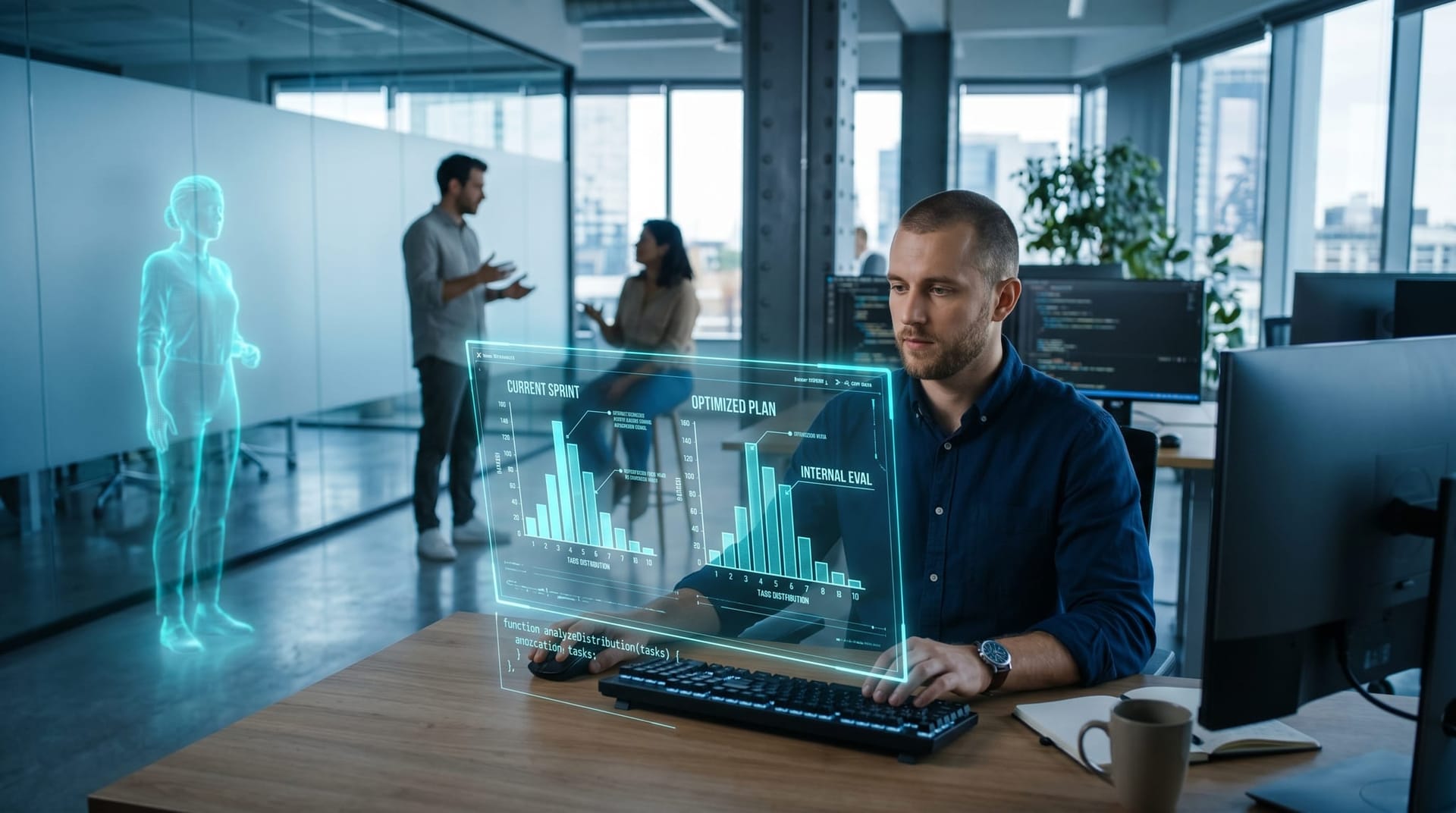 A focused developer at a workstation reviewing a floating cyan holographic panel showing benchmark task-distribution charts with annotation overlays in a modern open office.