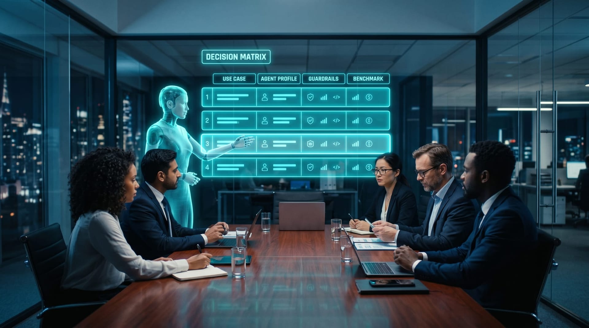 A boardroom team examining a large floating cyan holographic four-row decision matrix grid suspended above the conference table, with an AI Employee avatar pointing to one row.