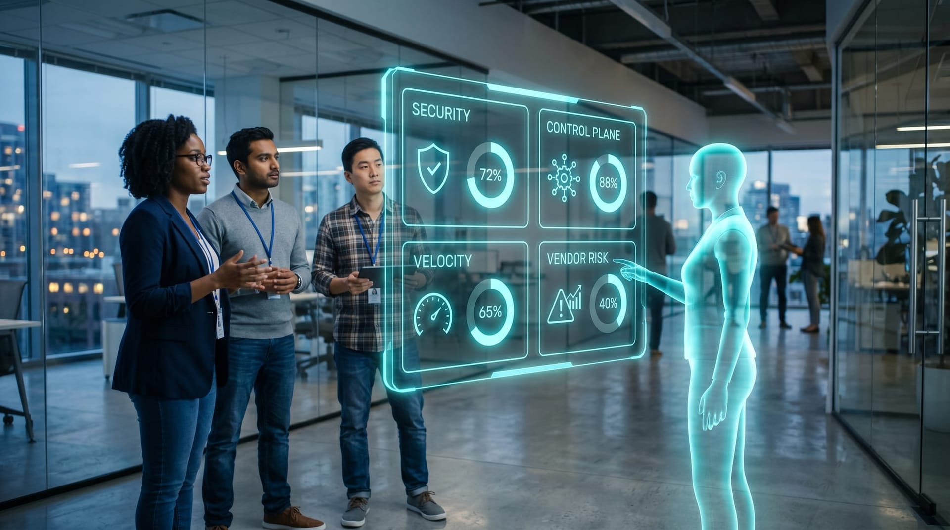 A four-pane floating cyan holographic dashboard with four labeled dimension panels suspended over an open office workspace, with three engineers studying it.