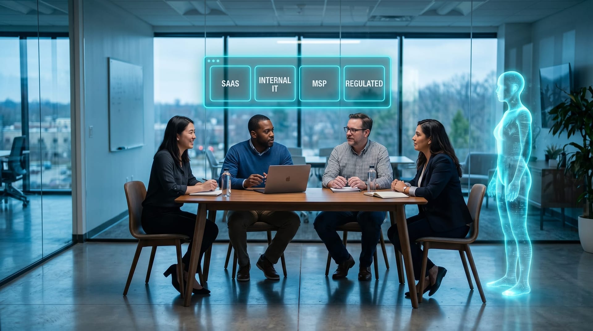 A small NE Indiana engineering and IT team gathered around a conference table with a floating cyan holographic four-scenario map suspended above them, and an AI Employee avatar nearby.