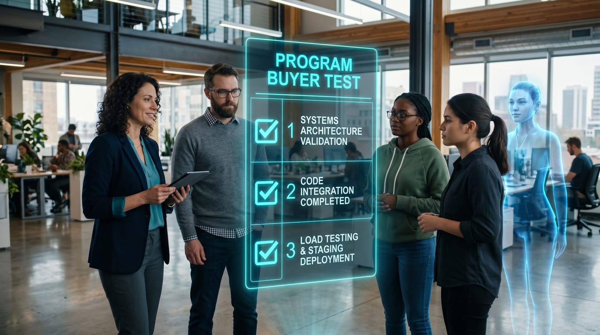 An IT leader and a small engineering team in a modern open office reviewing a tall vertical floating cyan holographic checklist of three program-test questions with checkmark icons.