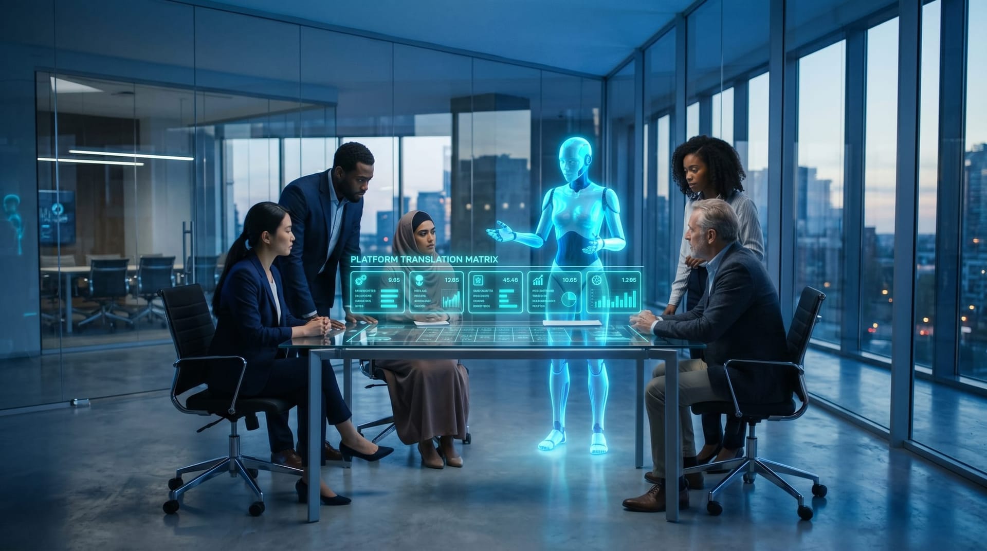 A diverse mid-market operations team in a glass-walled office reviewing a floating cyan holographic agentic AI platform comparison matrix with a translucent blue AI humanoid avatar guiding their selection.