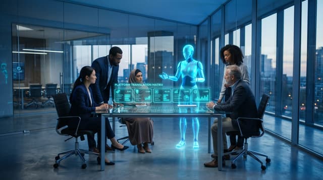 A diverse mid-market operations team in a glass-walled office reviewing a floating cyan holographic agentic AI platform comparison matrix with a translucent blue AI humanoid avatar guiding their selection.