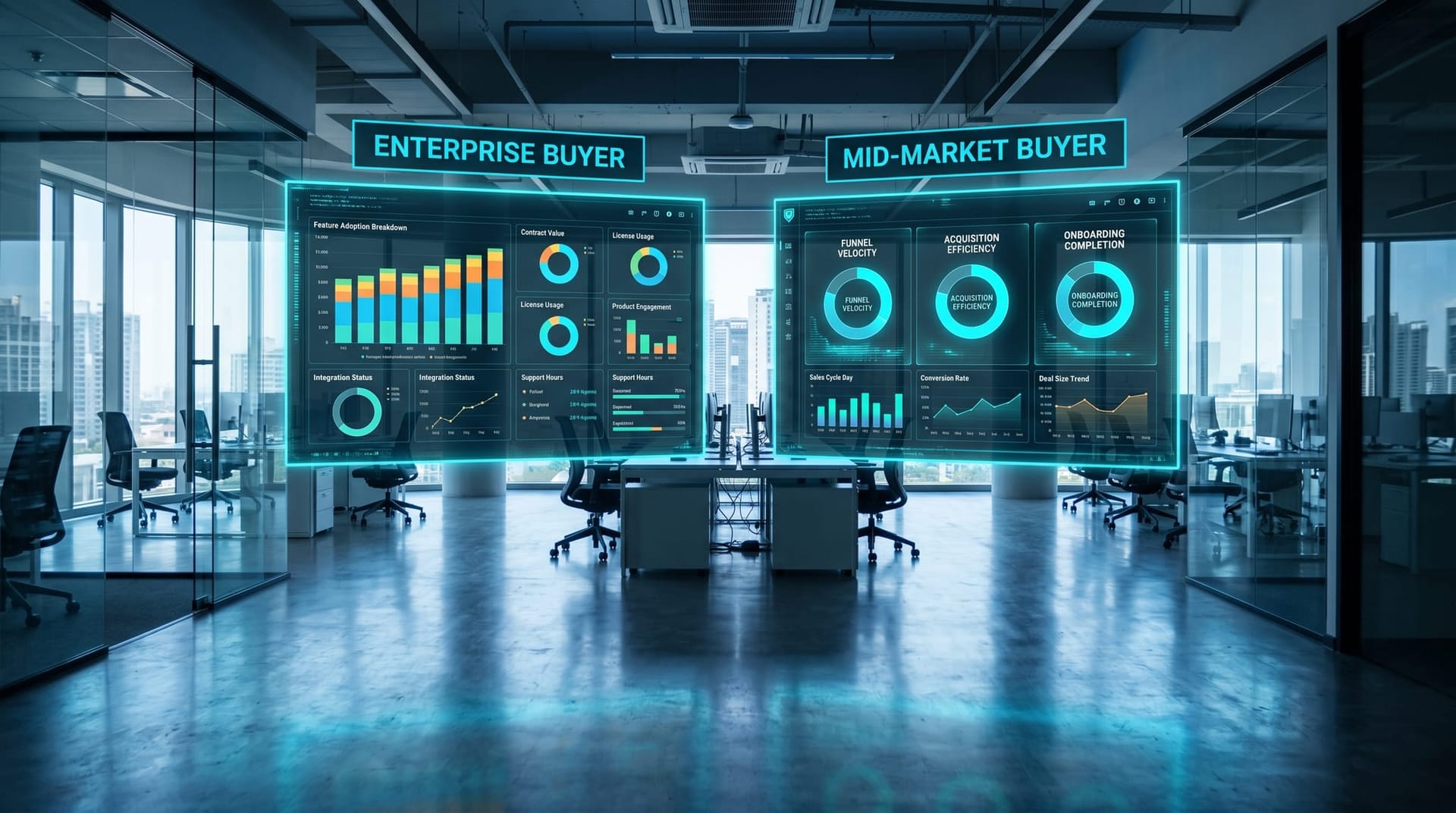 Two side-by-side holographic cyan dashboards floating in an empty modern office one labeled enterprise and one labeled mid-market with different scoring axes visible on each.