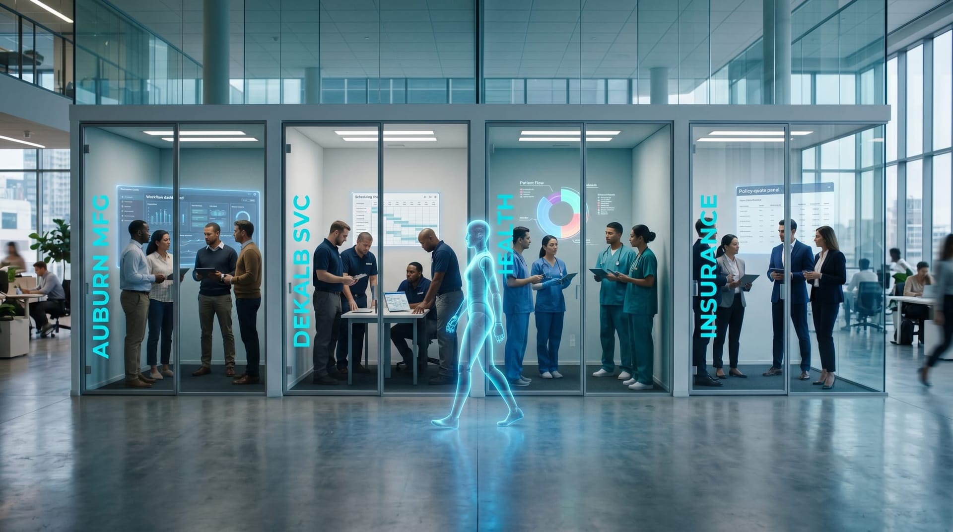 Four small diverse NE Indiana mid-market business teams in adjacent glass meeting pods each interacting with a different floating cyan holographic vertical-specific platform dashboard.