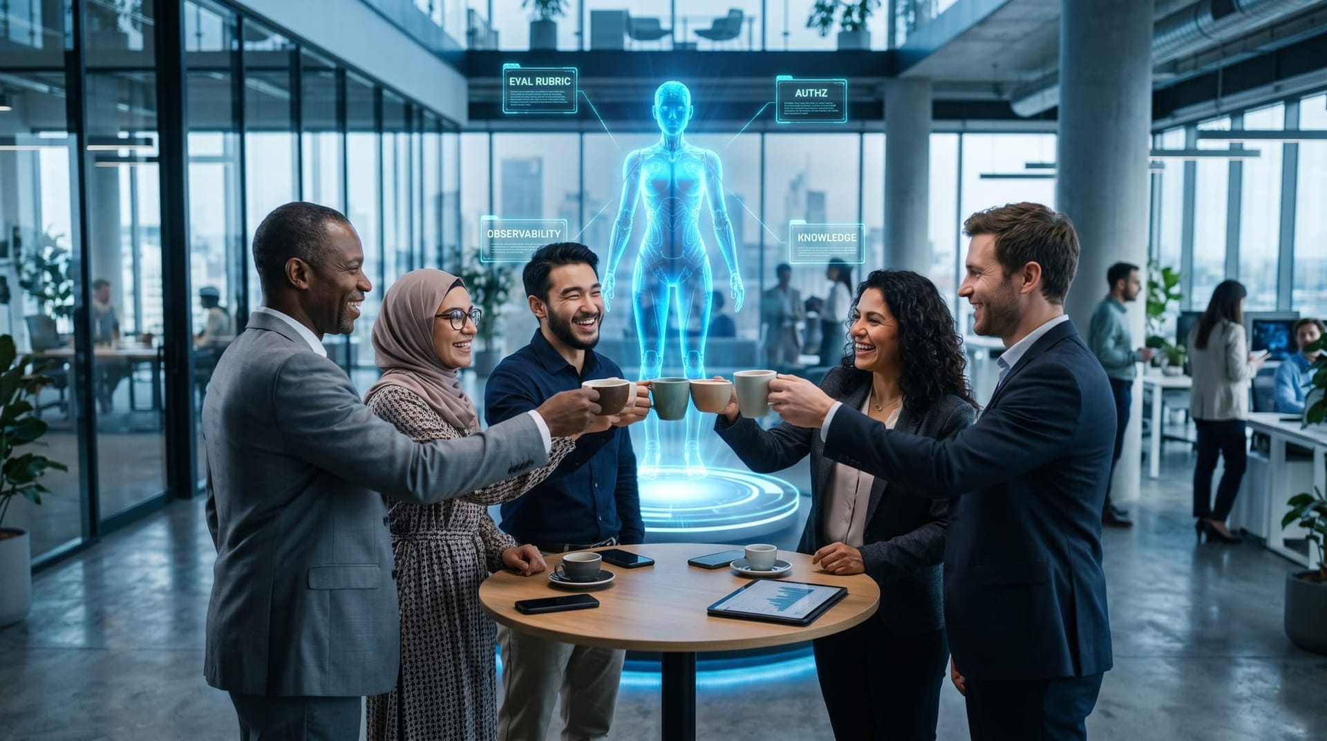 Five colleagues toast coffee cups around an open table while four floating cyan holographic asset panels labeled rubric authorization observability and knowledge orbit a central translucent AI humanoid.