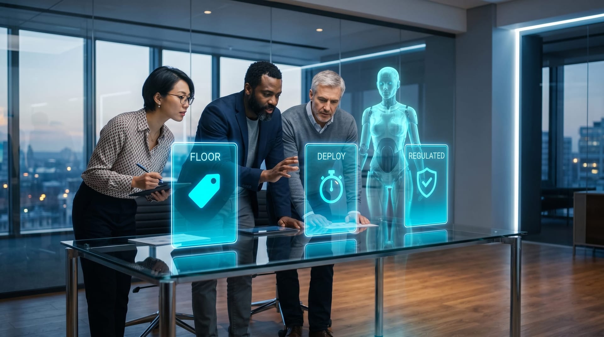 Three diverse business colleagues at a glass conference table examining three vertical floating holographic cyan filter panels each containing a different mid-market platform translation test criterion.