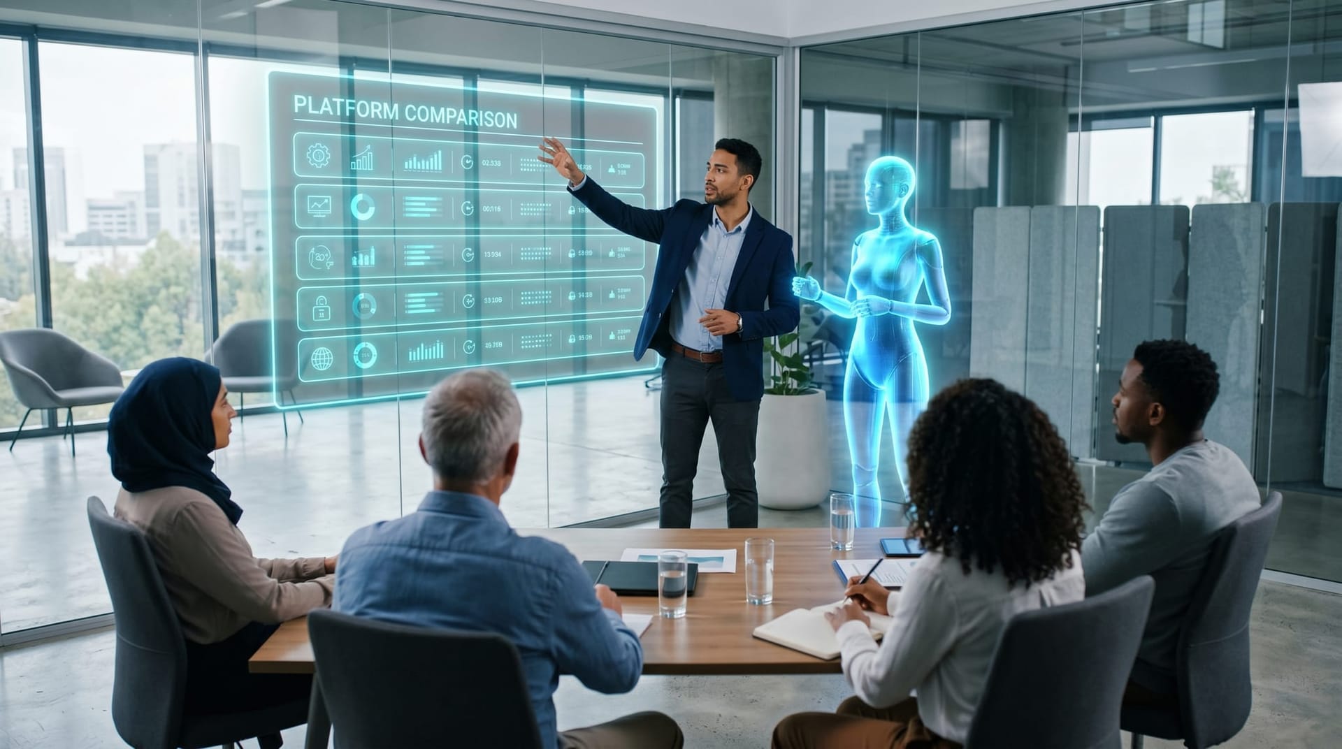 A presenter at a glass-walled conference room front gestures toward a large floating cyan holographic five-row platform comparison matrix while a diverse audience watches and a translucent AI humanoid stands among them.