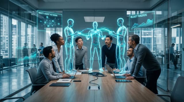 Translucent cyan holographic AI employee avatars exchanging glowing data streams across a glass office while a business team watches a multi-agent risk dashboard