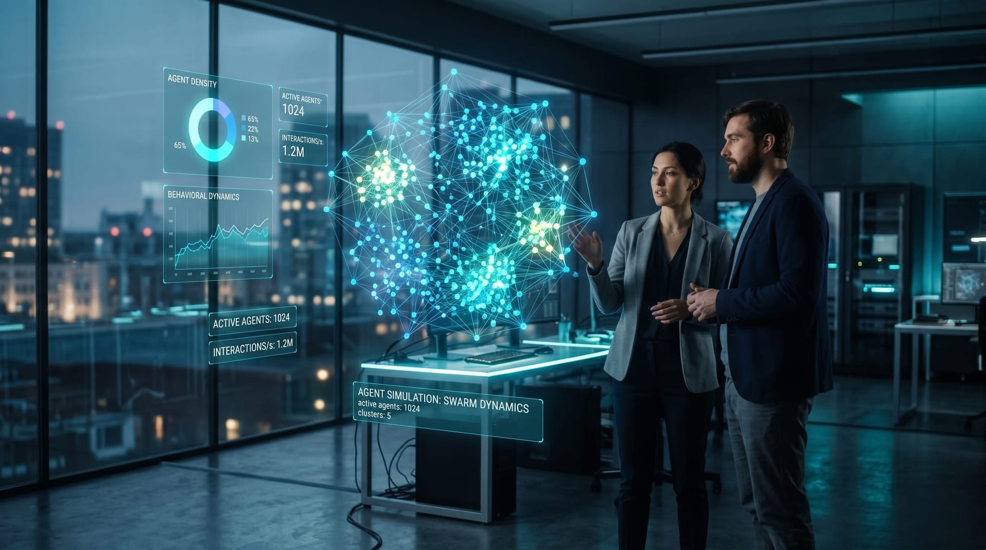 Researchers studying a large holographic simulation of many interacting AI agents as a swarm of glowing cyan nodes inside a sandbox visualization