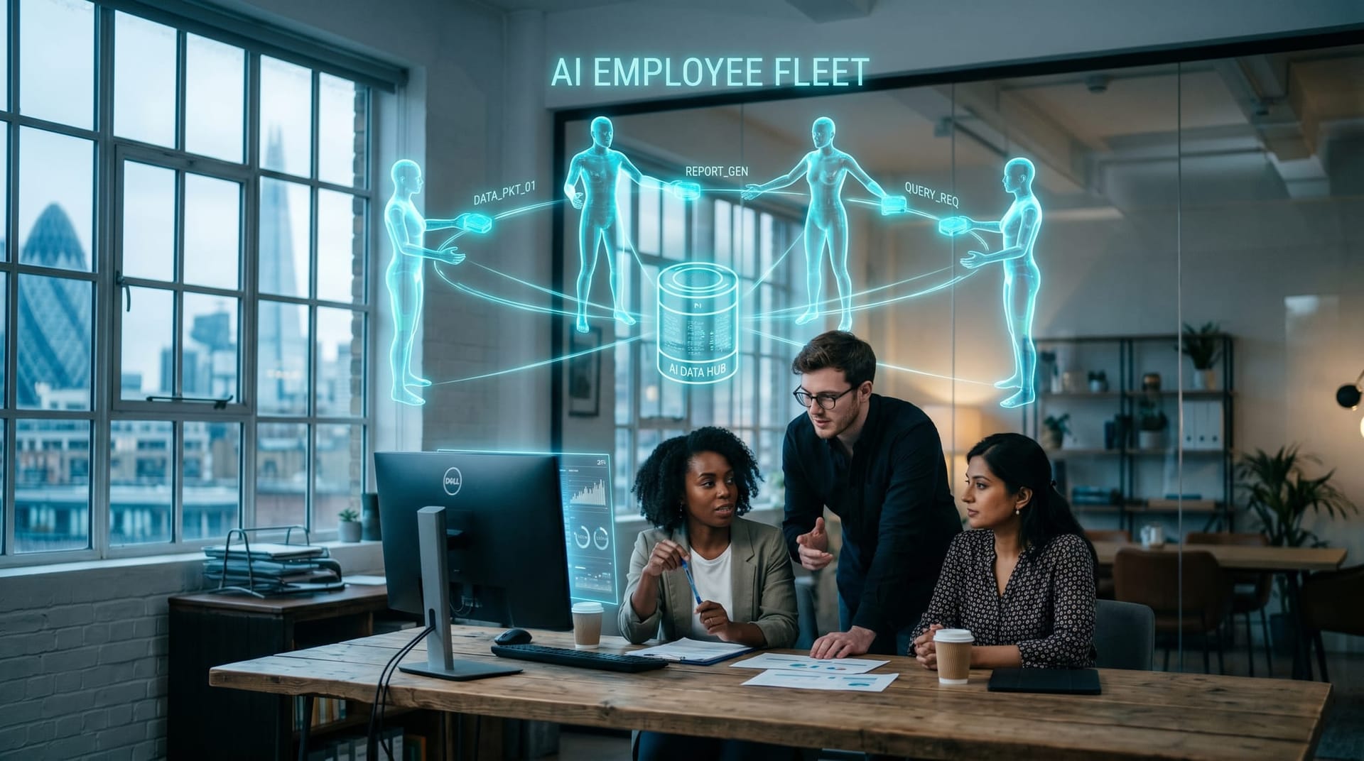 Small business team around a screen as five translucent cyan AI employee avatars hand glowing work tokens to each other above a shared data hub