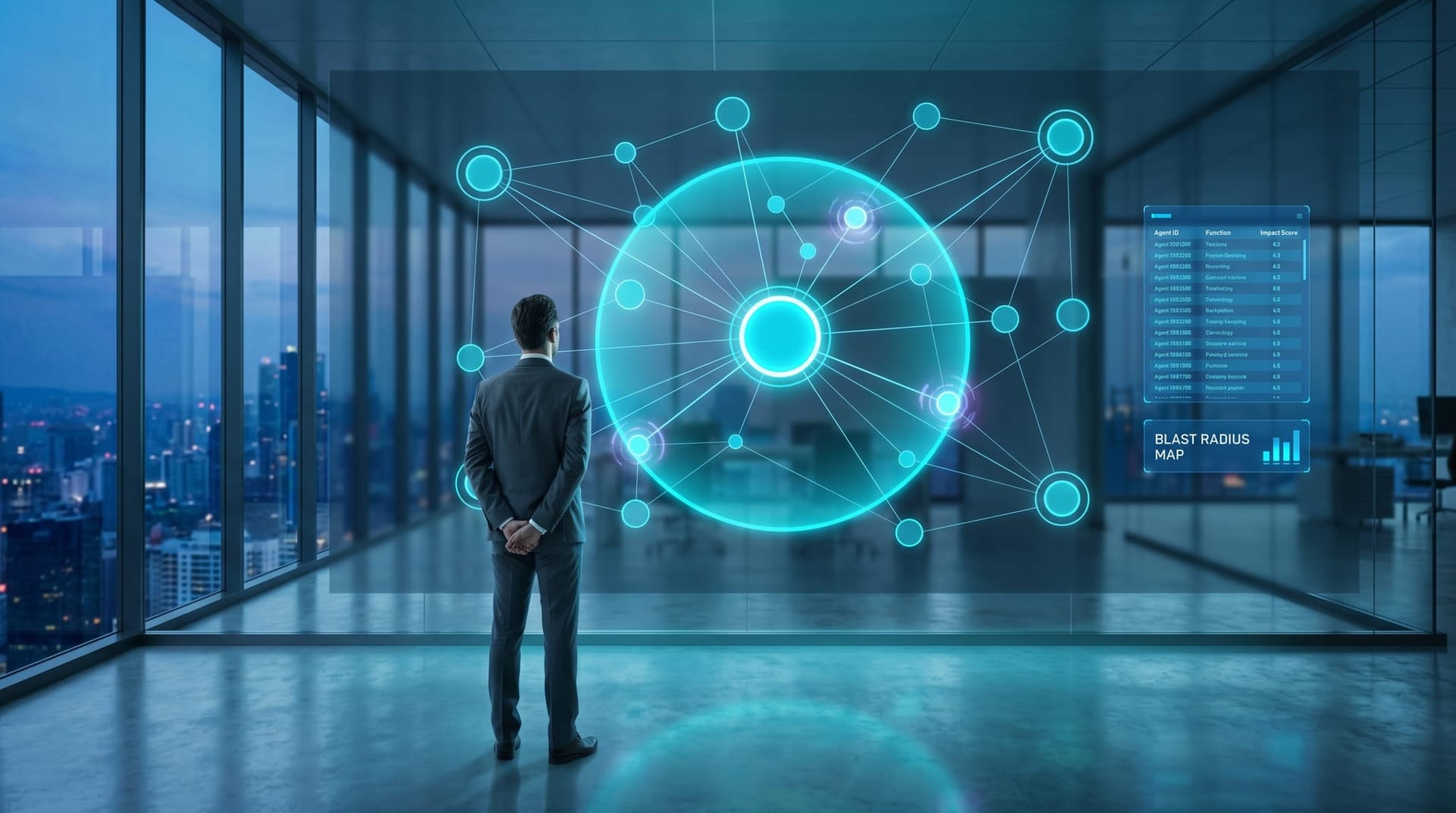 An operations manager at a wall-sized holographic node graph mapping AI agent interactions with one node ringed by an expanding cyan blast-radius circle