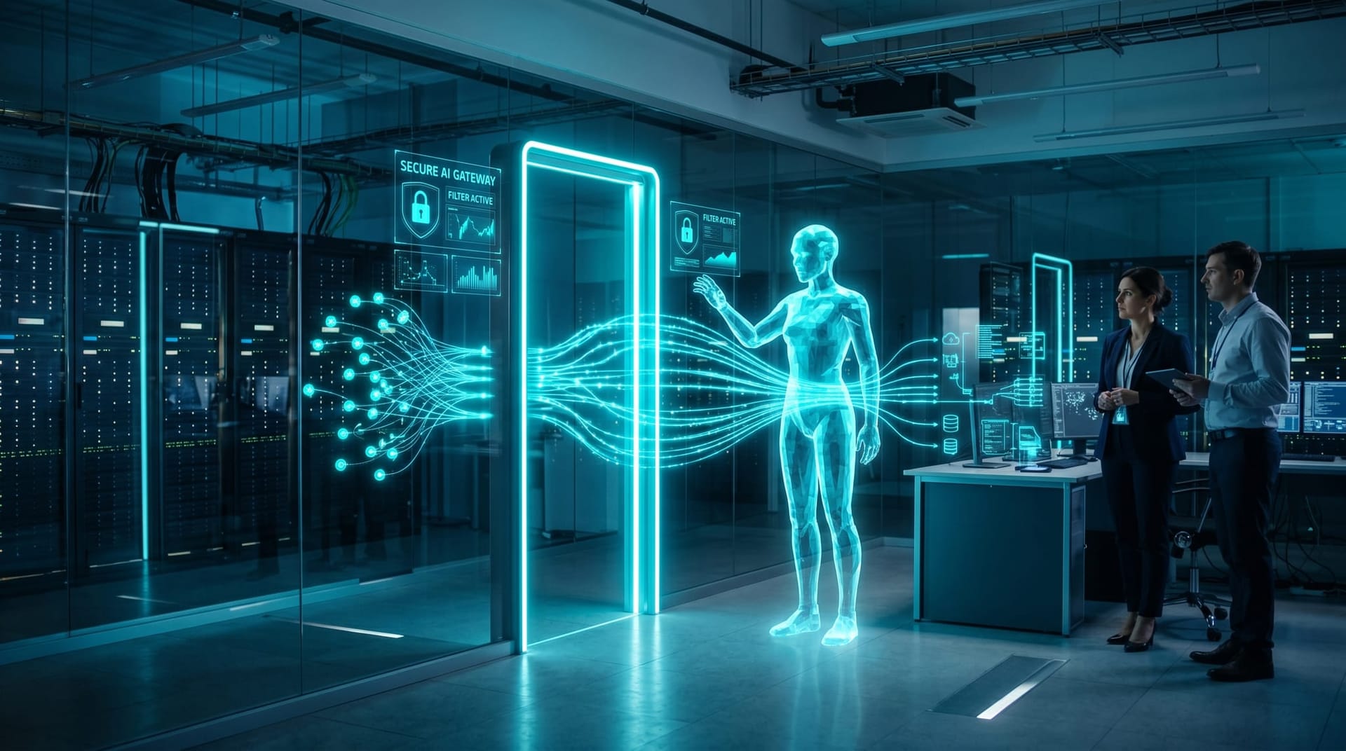 A glowing cyan gateway barrier routing AI agent data streams while a translucent supervisor AI avatar reviews them in a secure office environment