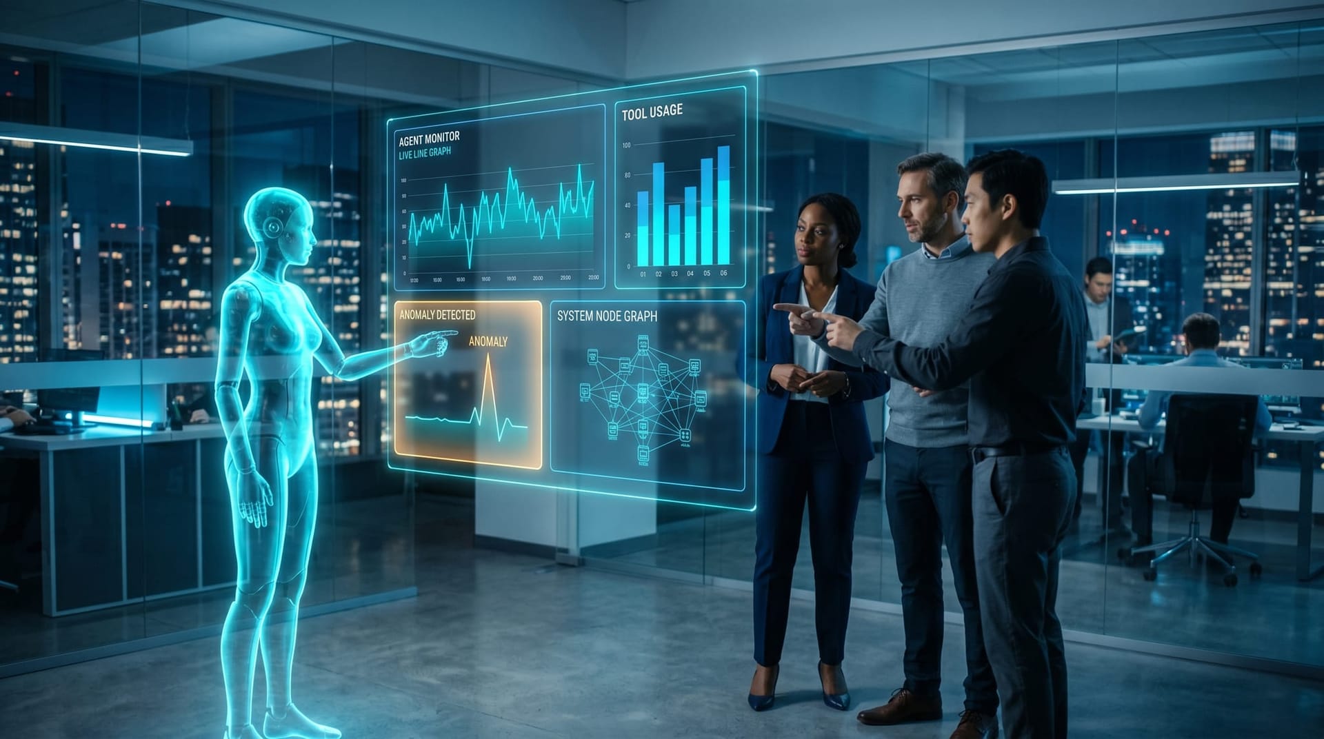 A business team monitoring a holographic observability dashboard tracking AI agent interactions, tool use, and anomaly alerts in cool cyan glow