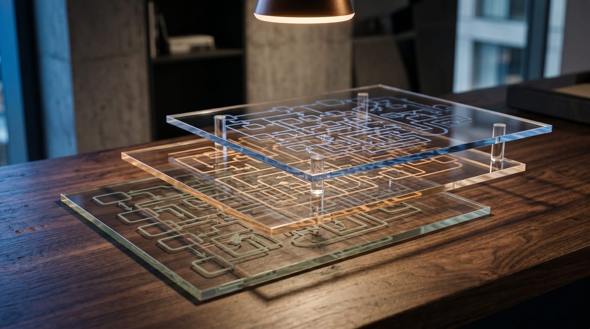 Conceptual still life of layered transparent acrylic panels representing a layered AI orchestration substrate with workflow nodes etched into the panels
