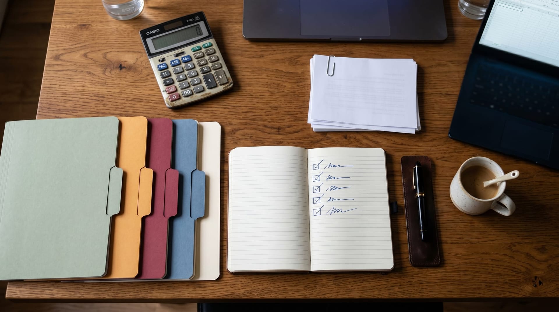 Overhead view of a procurement evaluation desk with five labeled folder spines beside a notebook checklist representing the five capabilities required from any AI orchestration vendor