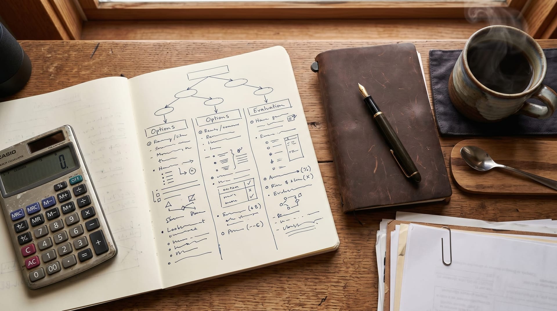 Open notebook on a wood desk with three hand drawn options for AI orchestration adoption beside a calculator and fountain pen for the buy build wait decision