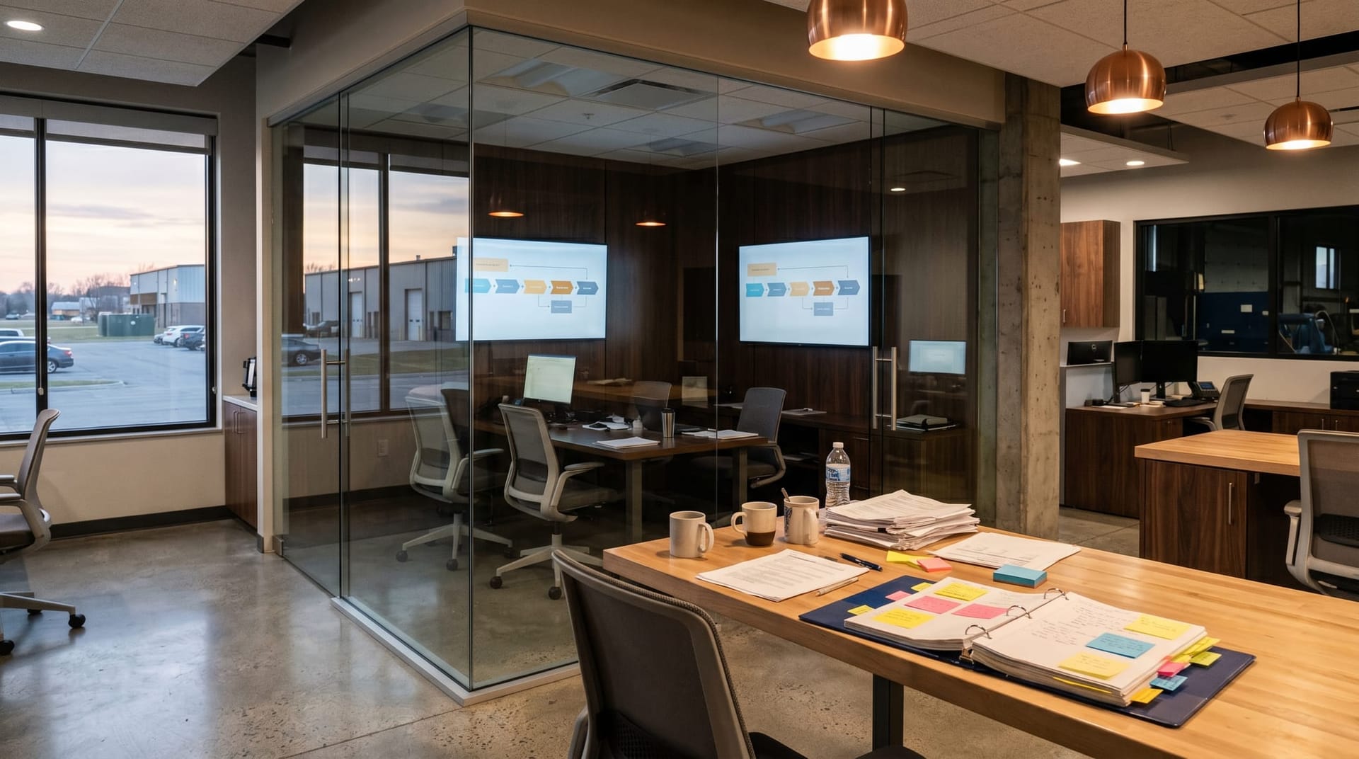 Fort Wayne manufacturing office at end of day with empty engineering workspace visible through glass walls and a wall display showing an abstract workflow diagram