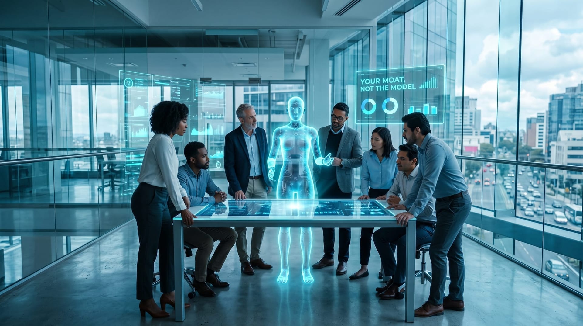 Business team gathered around a translucent cyan holographic AI avatar and floating data panels, illustrating a durable AI competitive advantage strategy