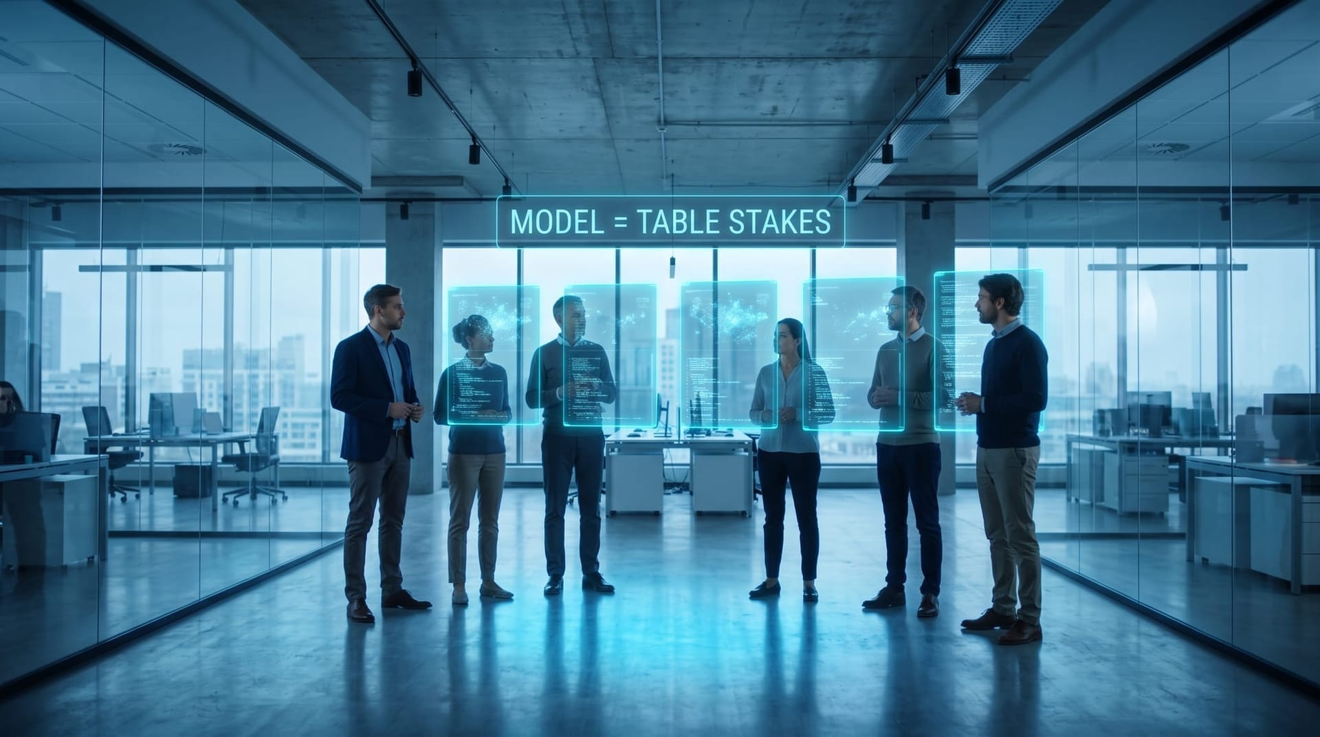 Row of identical glowing cyan model panels above a business team, showing that rented AI models are a commodity everyone can access