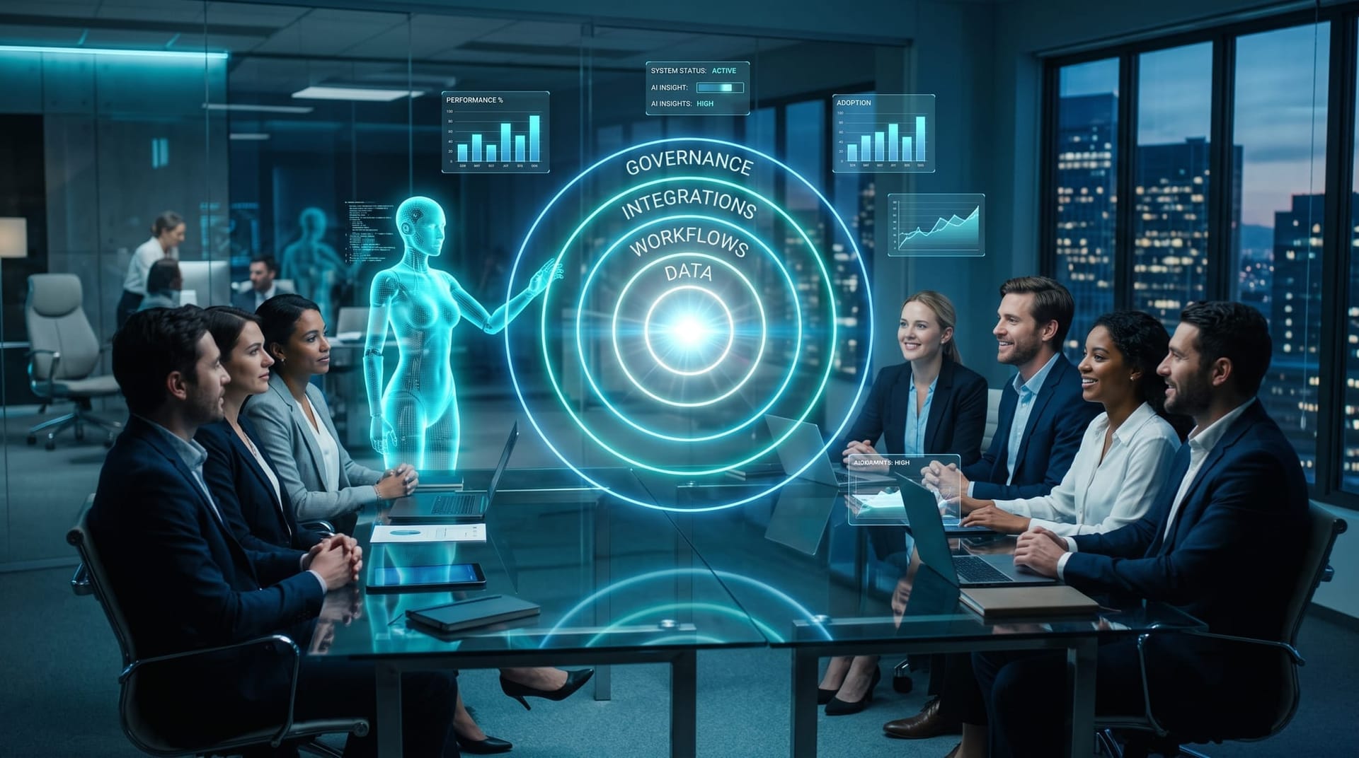 Four concentric glowing cyan rings around a holographic core representing the four durable layers of an AI moat: data, workflows, integrations, governance