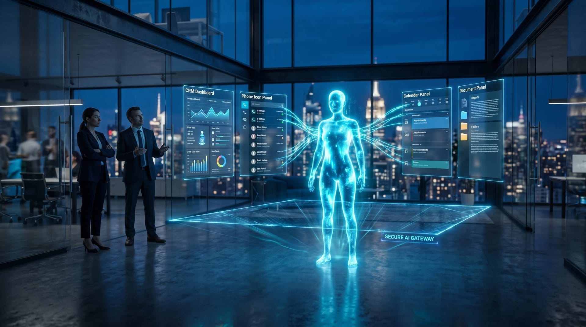 Translucent cyan holographic AI employee wired by glowing data streams into CRM and system panels behind a secure gateway shield, showing a compounding AI advantage