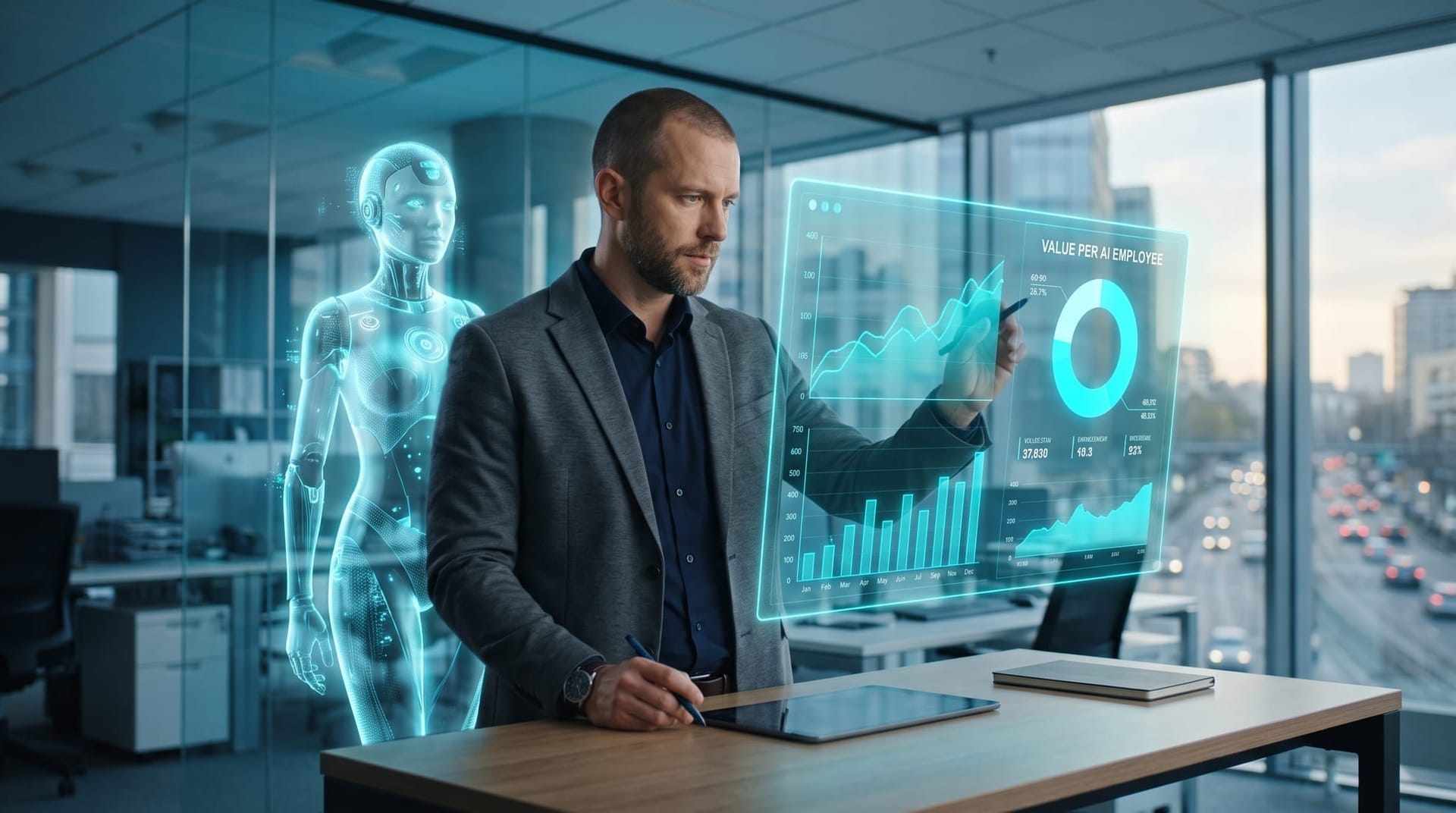 Business professional reviewing a glowing cyan holographic value dashboard with rising charts, measuring whether an AI investment is building a durable moat