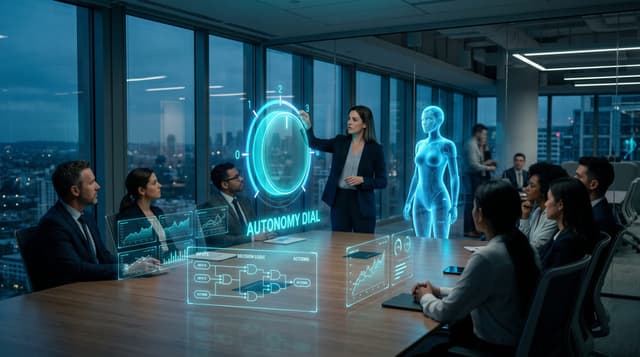 Executive setting a holographic cyan AI agent autonomy dial beside a translucent AI avatar as approval-gate panels float over a boardroom