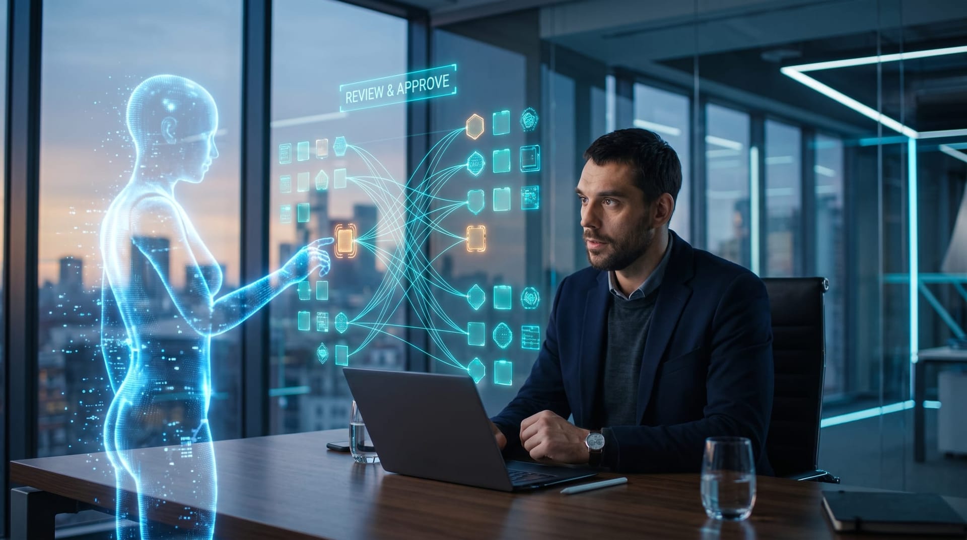 Financial controller reviewing holographic reconciliation break tiles with a translucent AI avatar proposing matches under a cyan approval banner