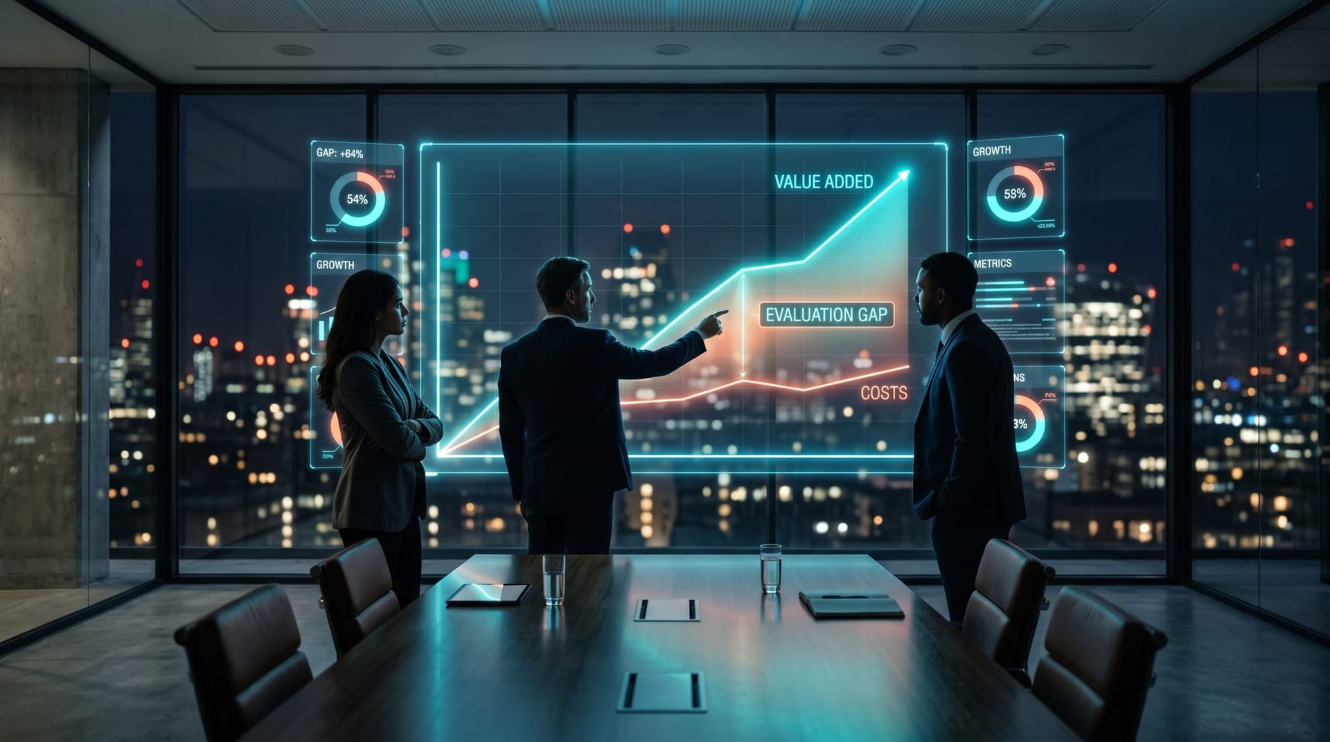 Widening holographic gap between a rising autonomy curve and a flat verification curve watched by concerned executives in a dim conference room