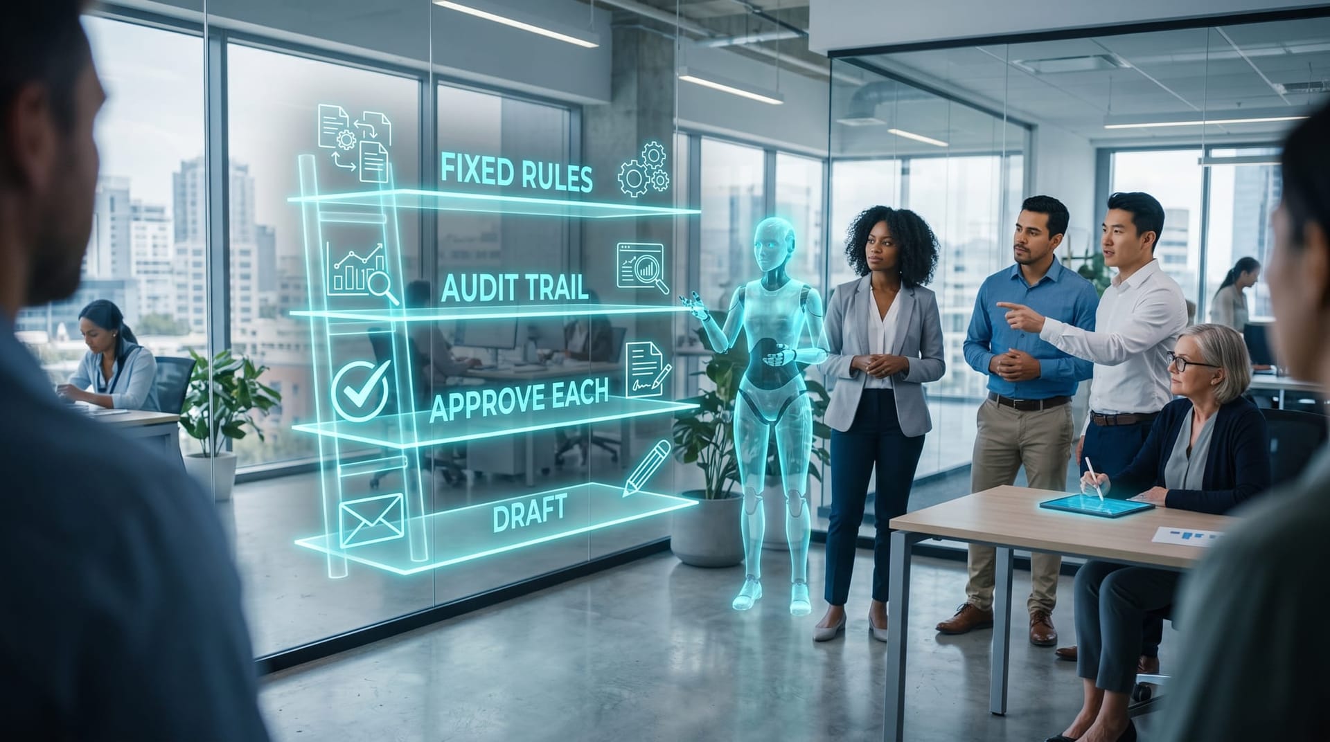 Four-rung holographic ladder from draft-only to fully autonomous with task icons resting on different rungs beside a presenting AI avatar